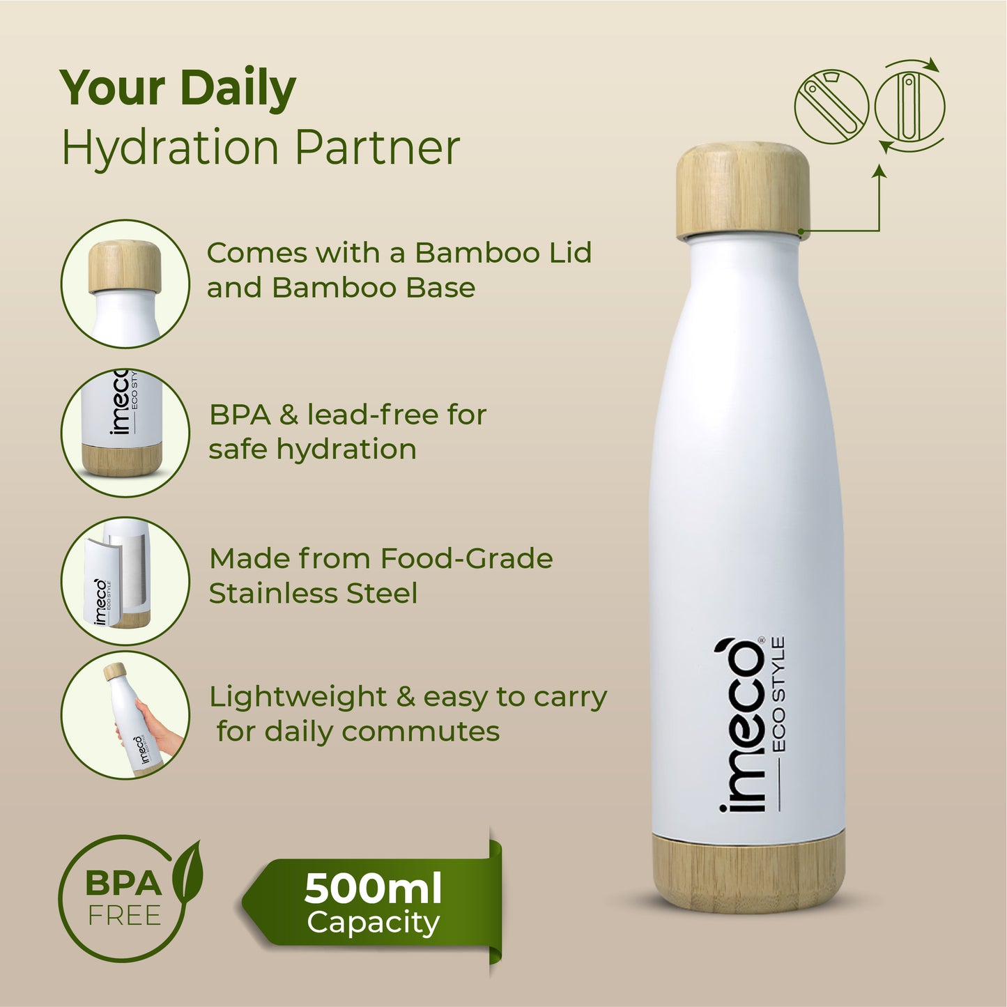 ECO STYLE Stainless Steel Water Bottle with Bamboo Base - Bamboo Lid (500 ml)