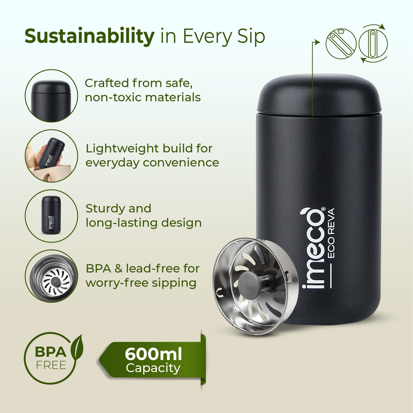ECO REVA Stainless Steel Water Bottle - Capsule Shaped (400 ml)