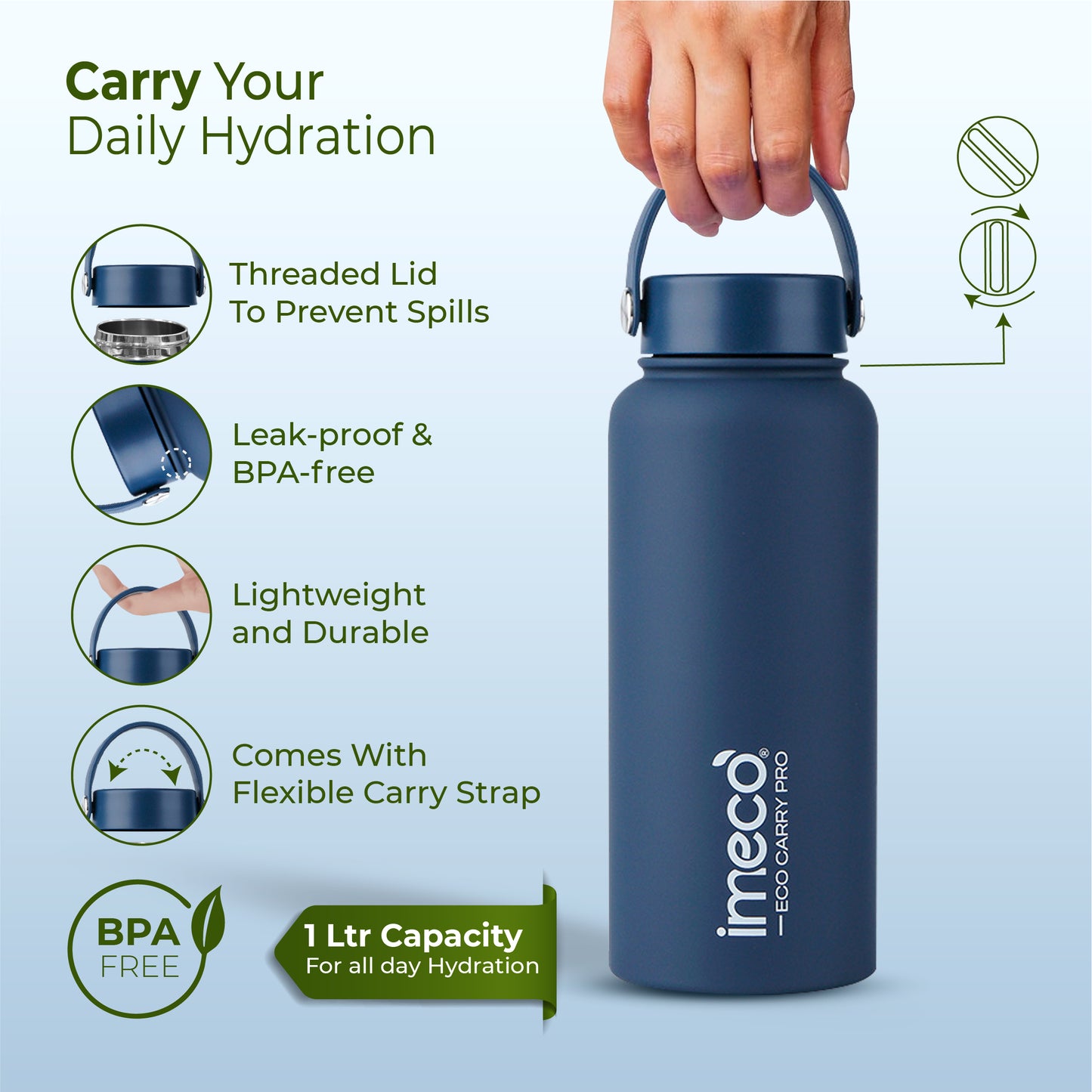 ECO CARRY PRO Stainless Steel Water Bottle - Matte Finish (1 L)