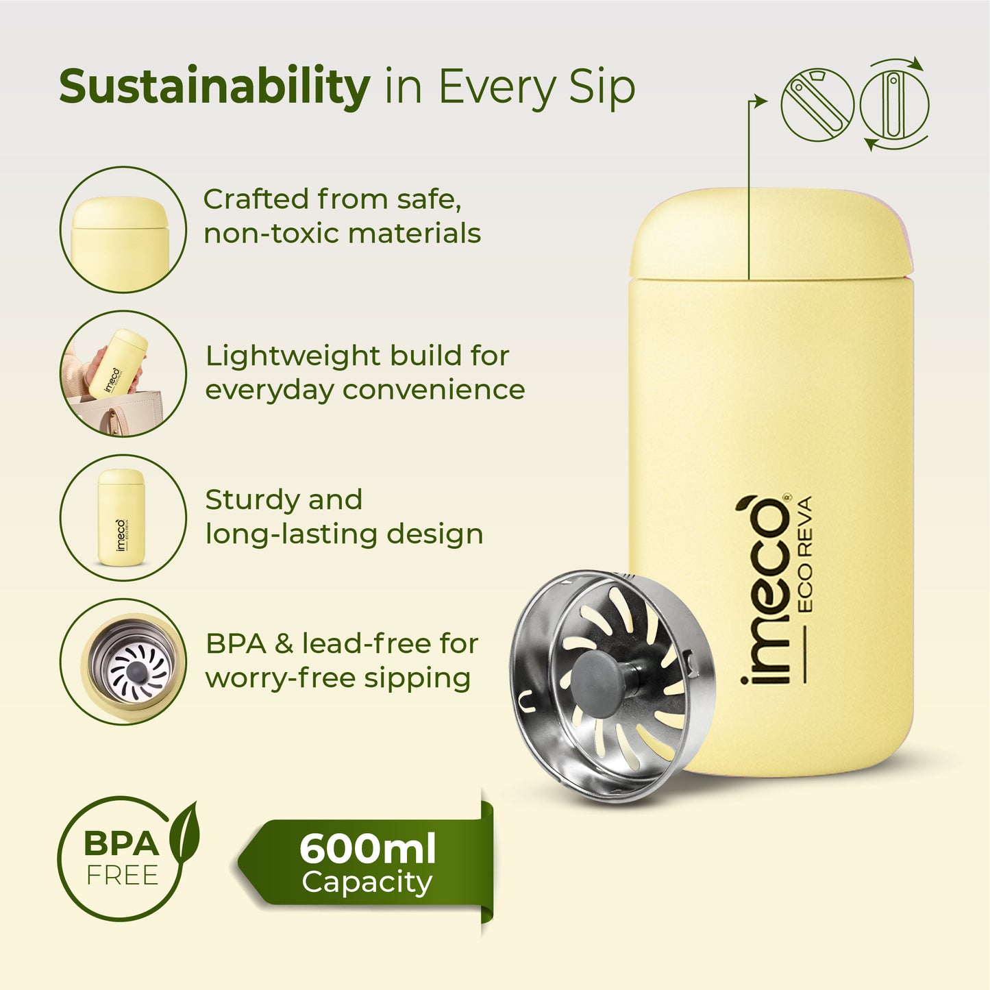 ECO REVA Stainless Steel Water Bottle - Capsule Shaped (400 ml)