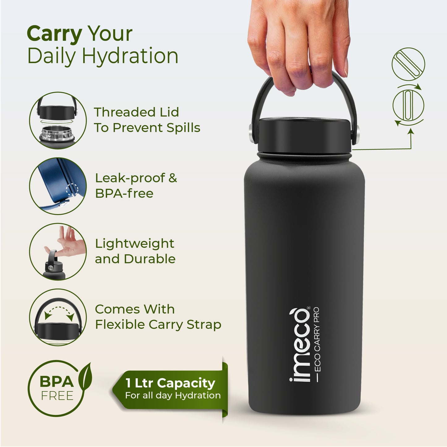 ECO CARRY PRO Stainless Steel Water Bottle - Matte Finish (1 L)