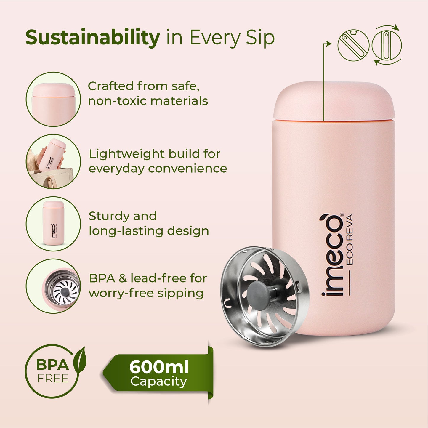 ECO REVA Stainless Steel Water Bottle - Capsule Shaped (400 ml)
