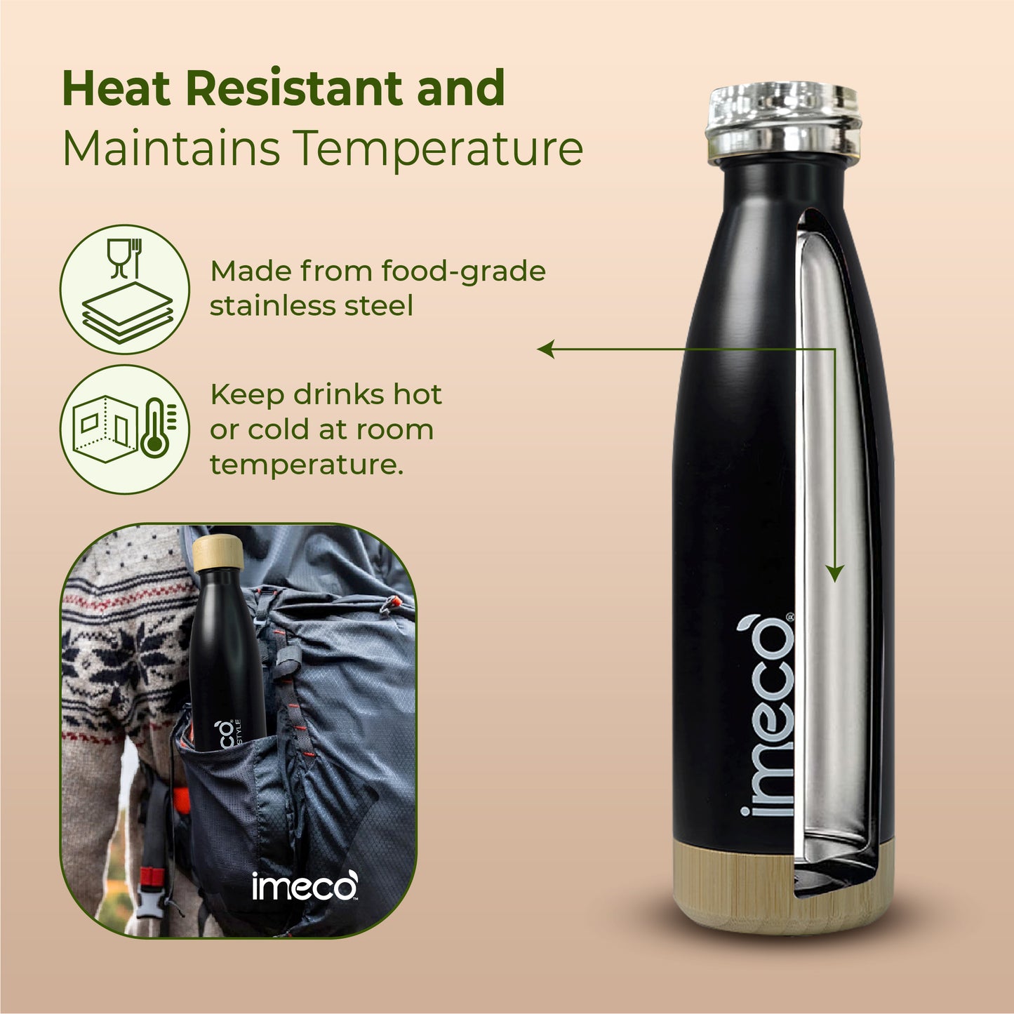 ECO STYLE Stainless Steel Water Bottle with Bamboo Base - Bamboo Lid (500 ml)