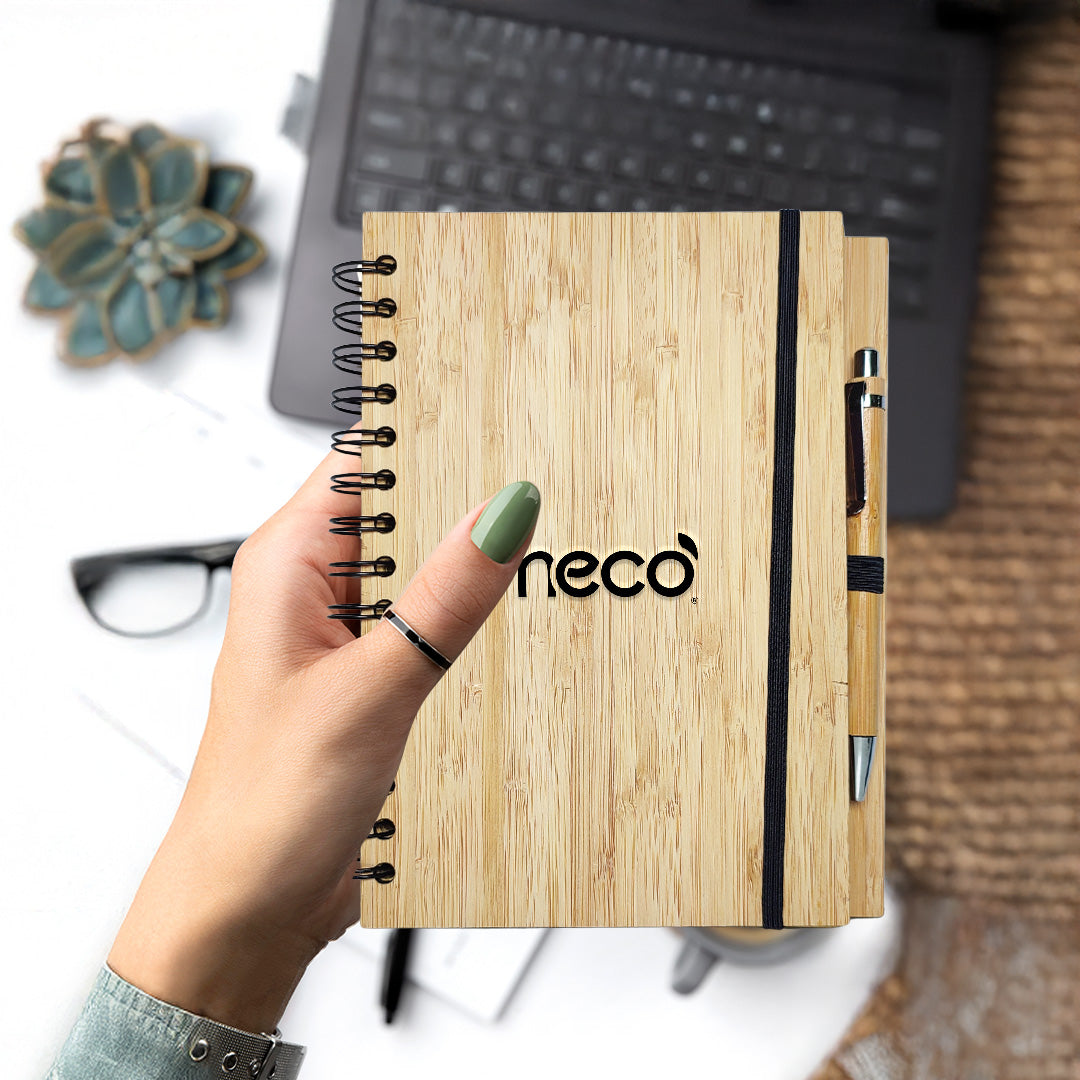 Bamboo Office Desk Essentials - ECO BLOOM Bamboo Water Bottle with Mobile Stand, Bamboo Diary with Pen and Pocket Tissue (2 Pack)