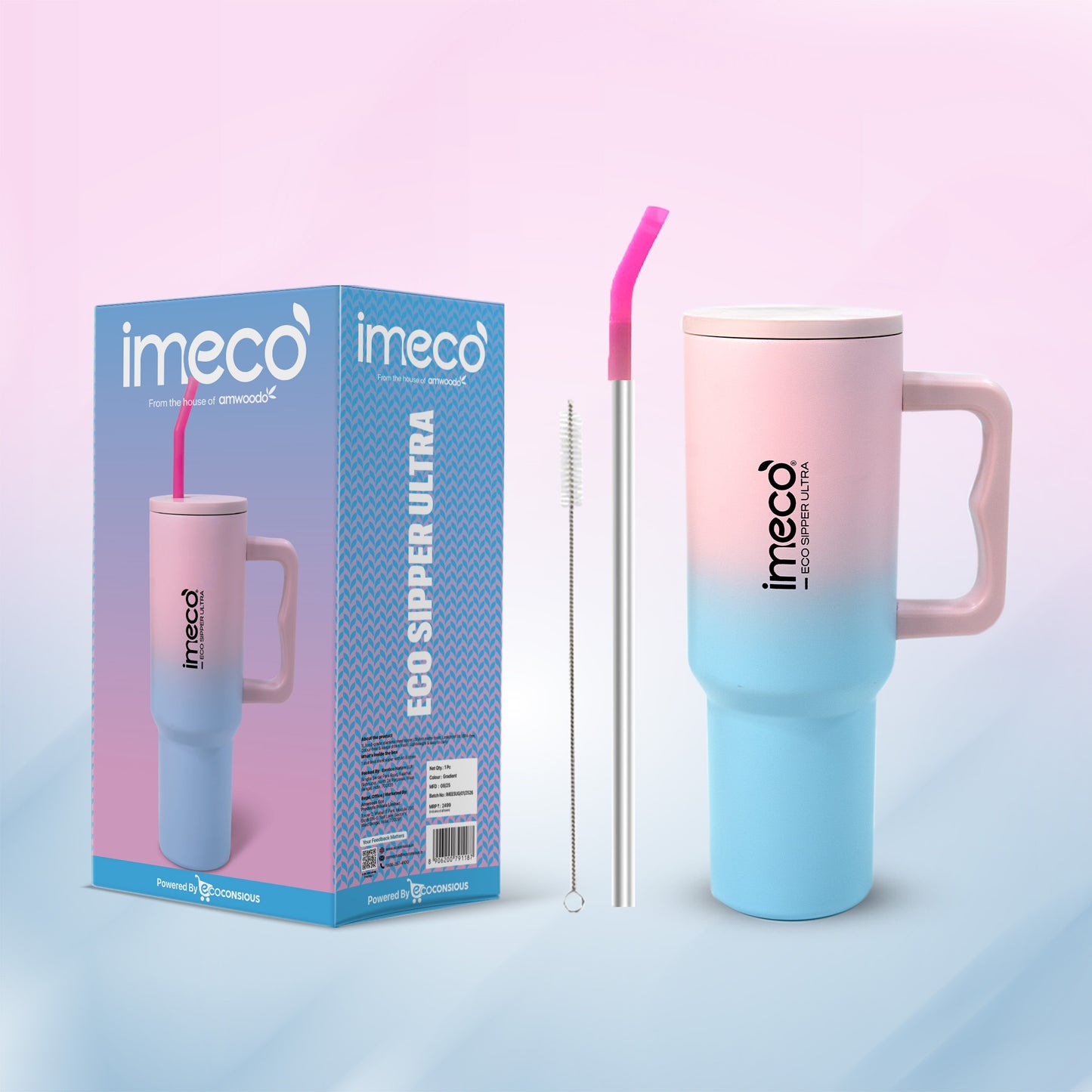 gradient coloured imeco eco sipper ultra stainless steel sipper with the straw and cleaner against a gradient background