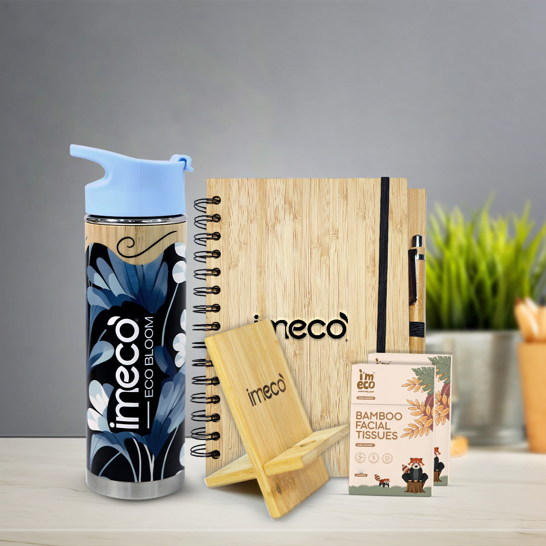 Bamboo Office Desk Essentials - ECO BLOOM Bamboo Water Bottle with Mobile Stand, Bamboo Diary with Pen and Pocket Tissue (2 Pack)