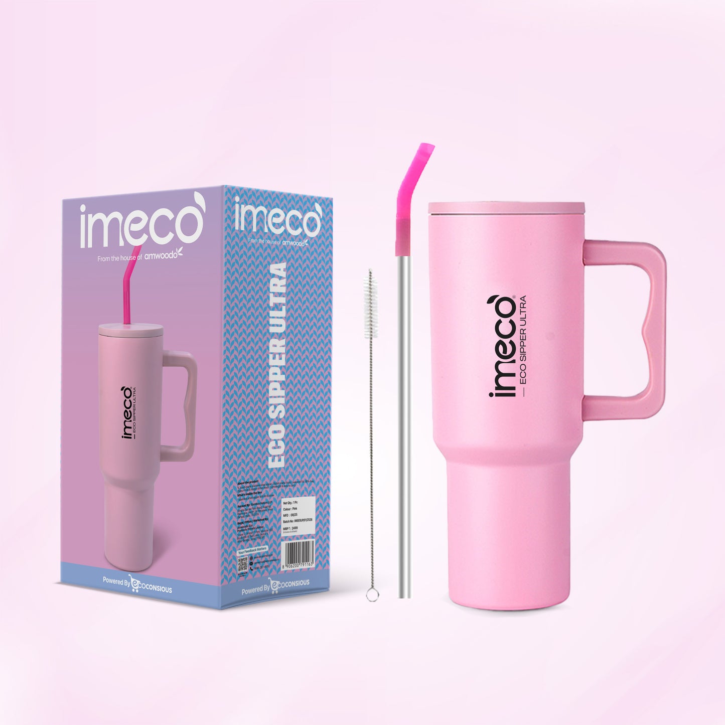 pink imeco eco sipper ultra with the straw and the cleaner against a white background