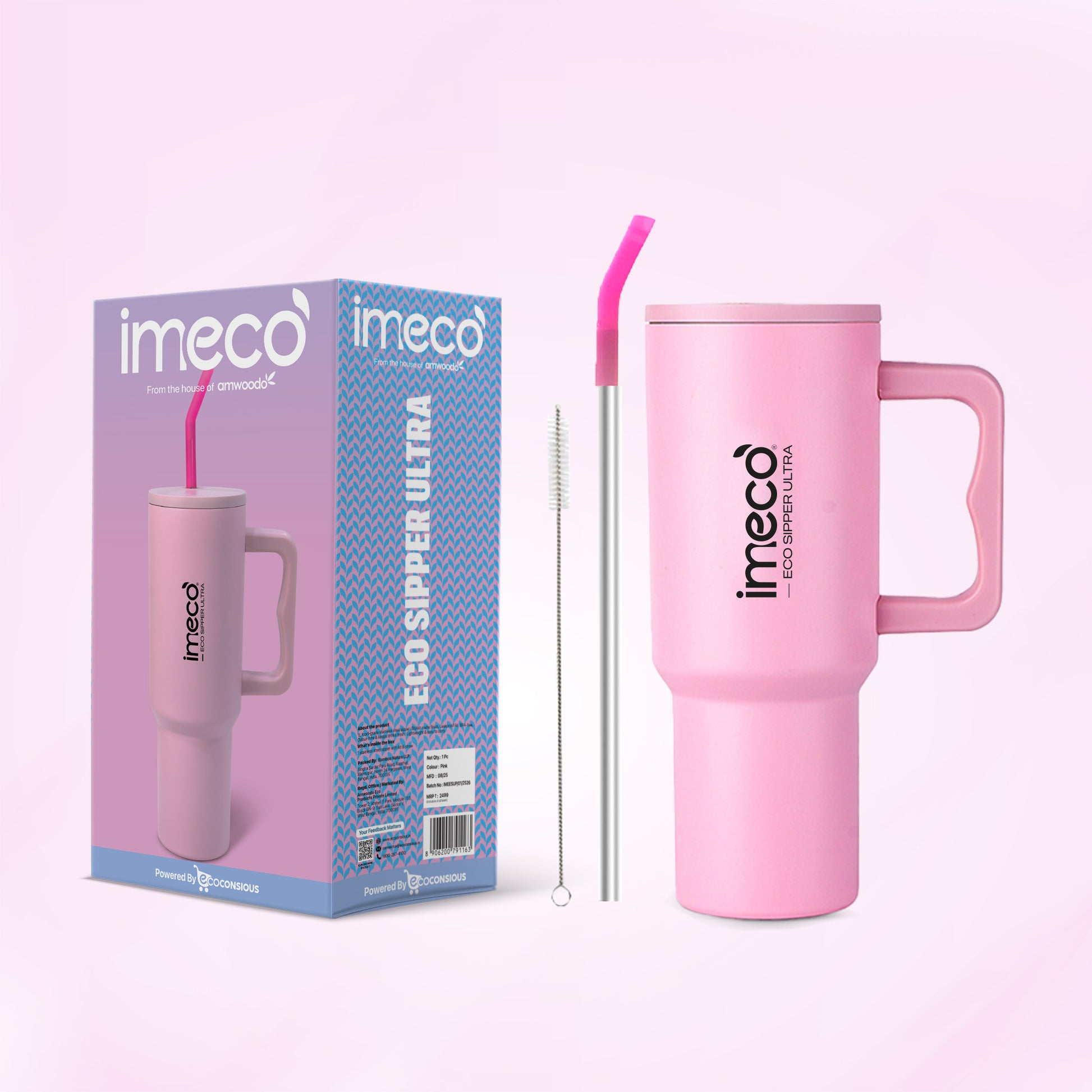 pink imeco eco sipper ultra with the straw and the cleaner against a white background
