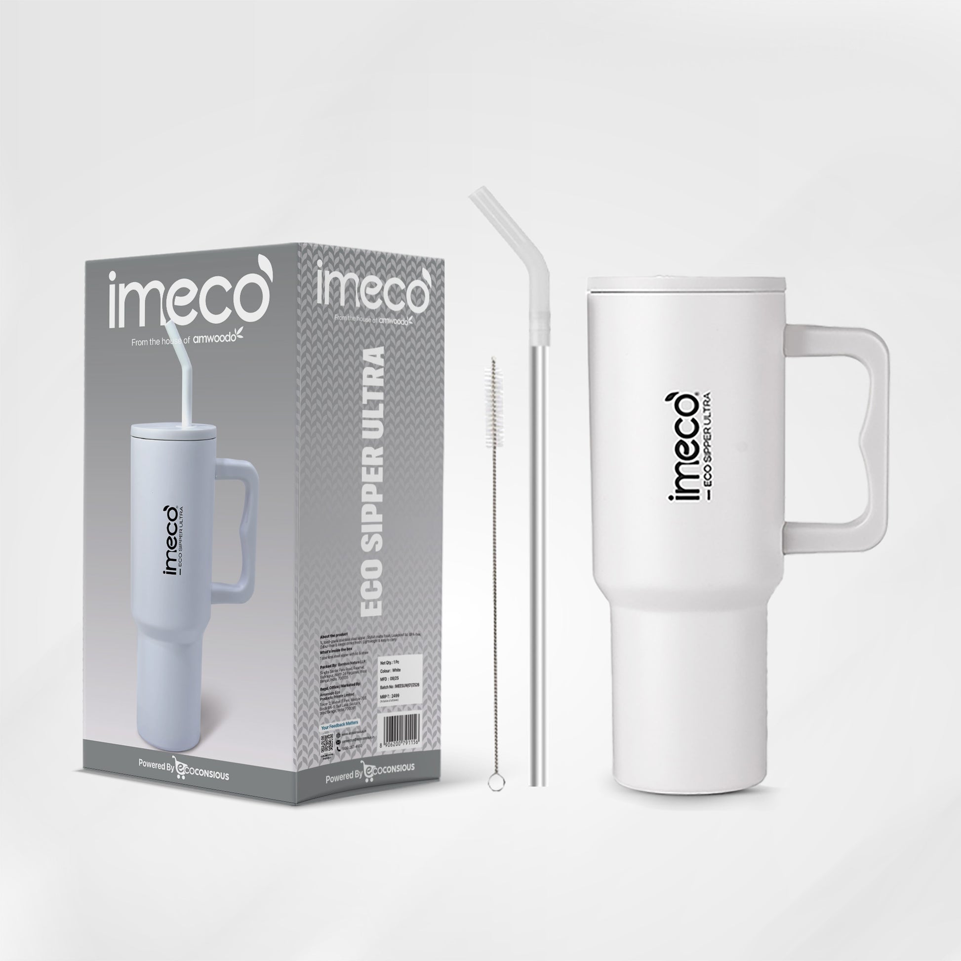 white imeco eco sipper ultra with the straw and cleaner against a white background