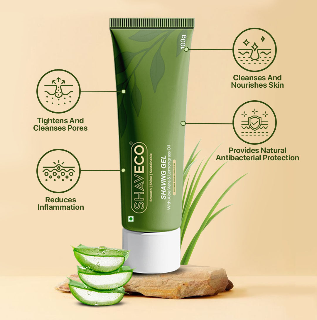 Green Shaveco shaving gel tube with aloe vera slices on a beige background and features shown with relevant icons.