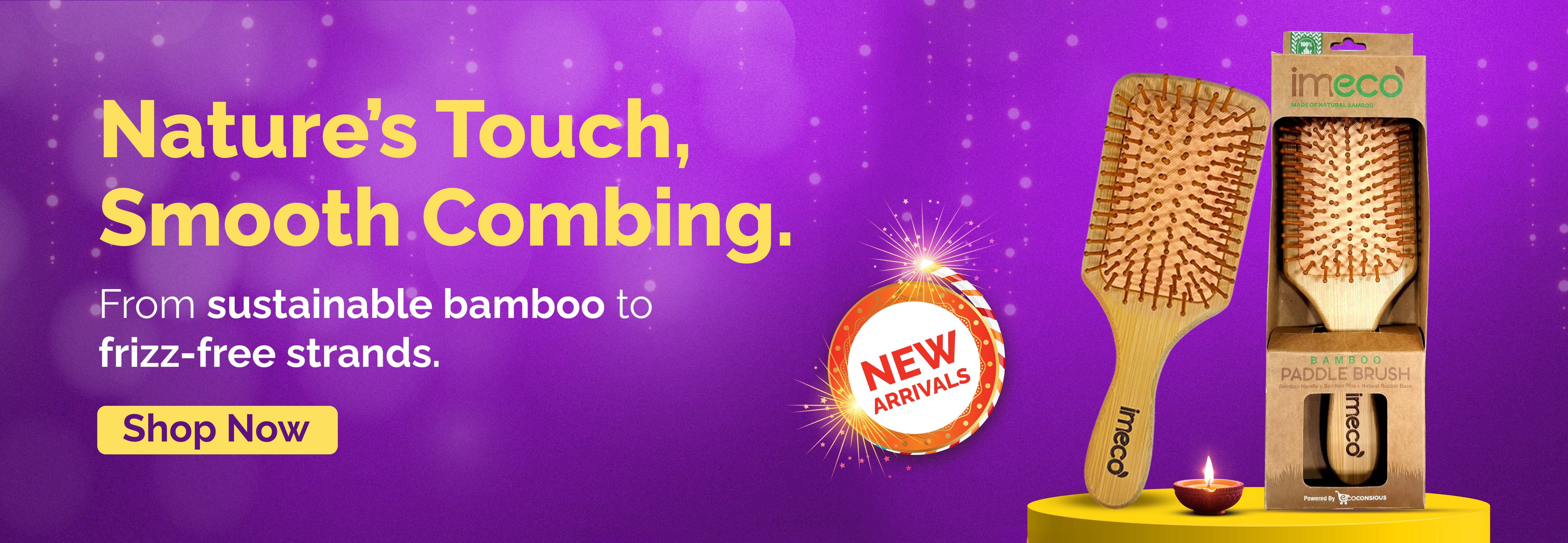 IMECO paddle hairbrushes with packaging on a purple background, featuring text about sustainable bamboo and frizz-free strands for Diwali.3