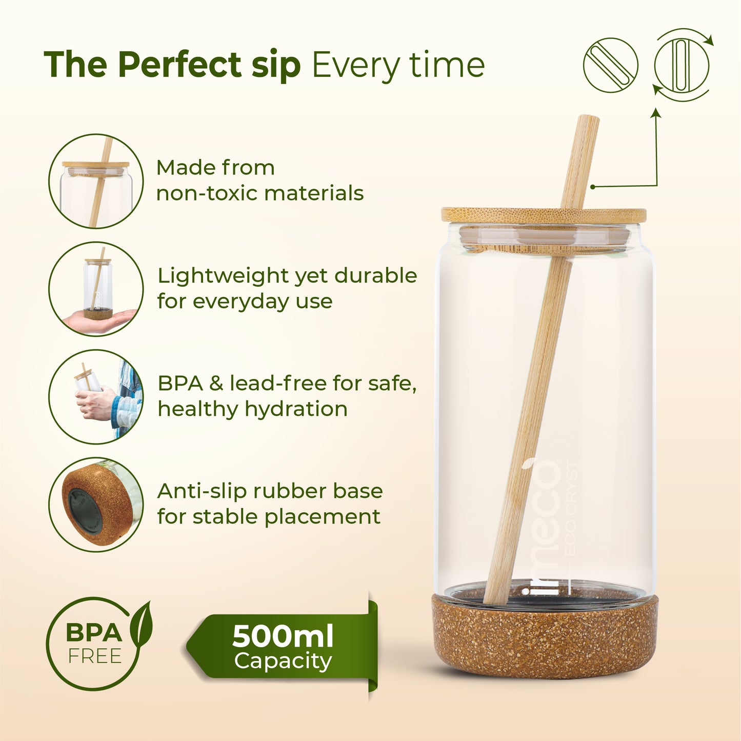 ECO CRYST Glass Sipper with Bamboo Lid & Straw (500 ml)