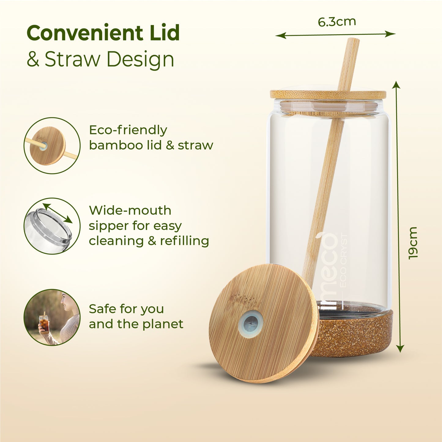 ECO CRYST Glass Sipper with Bamboo Lid & Straw (500 ml)