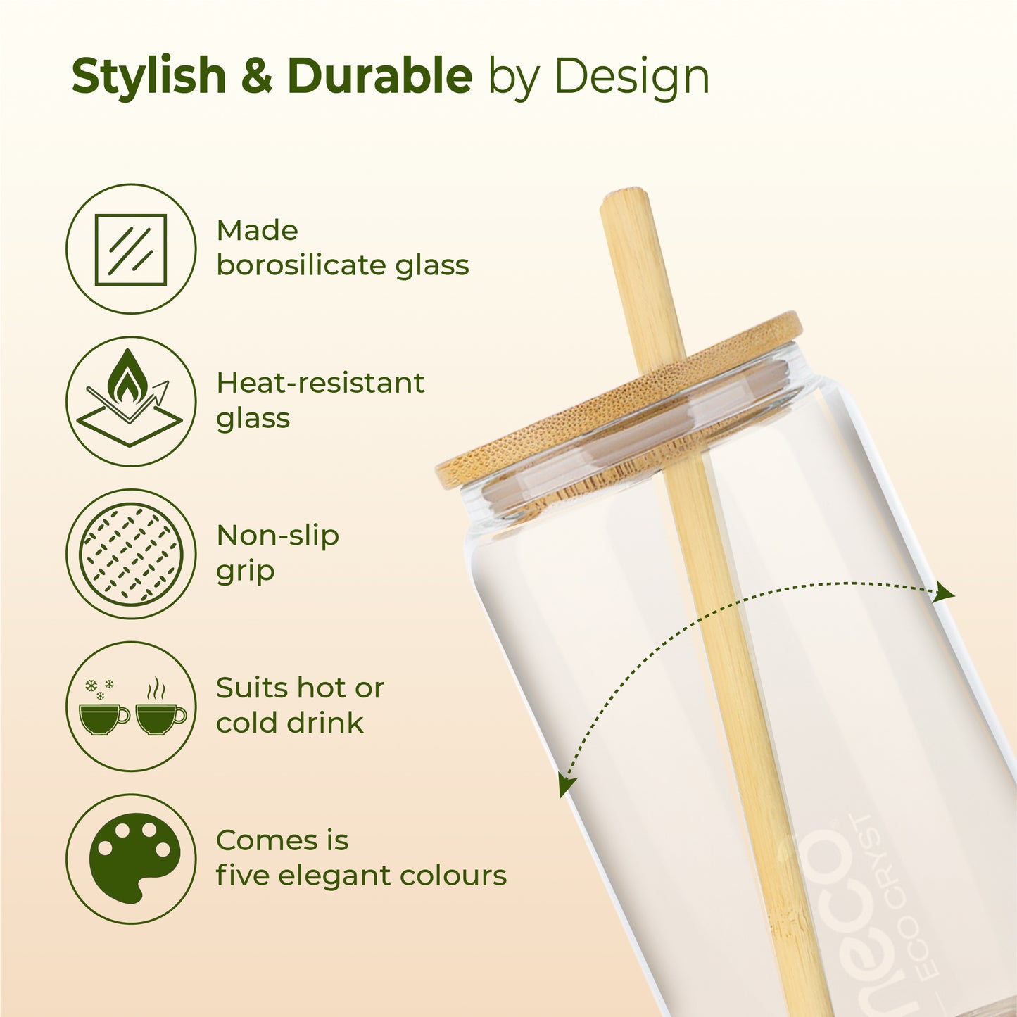 ECO CRYST Glass Sipper with Bamboo Lid & Straw (500 ml)