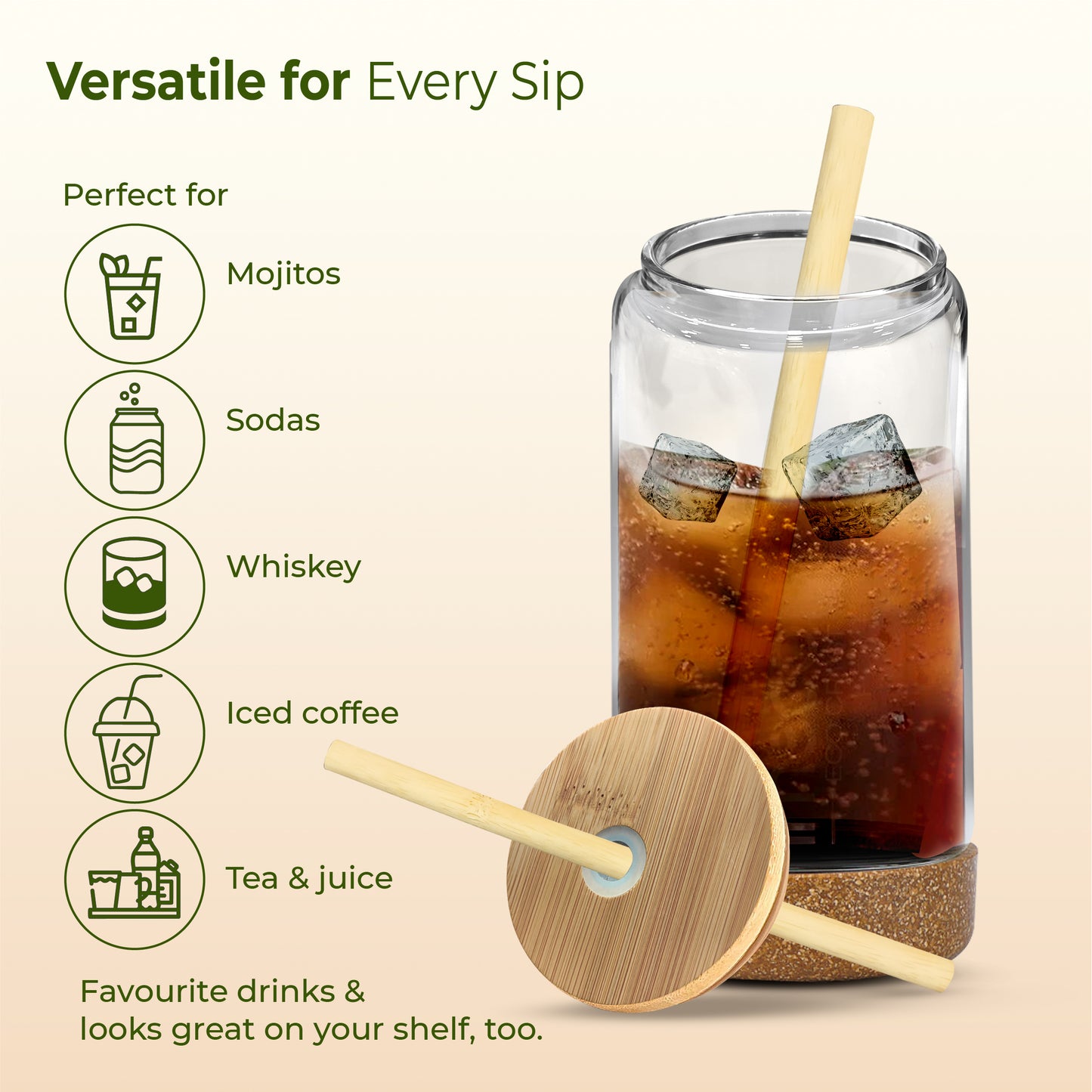 ECO CRYST Glass Sipper with Bamboo Lid & Straw (500 ml)