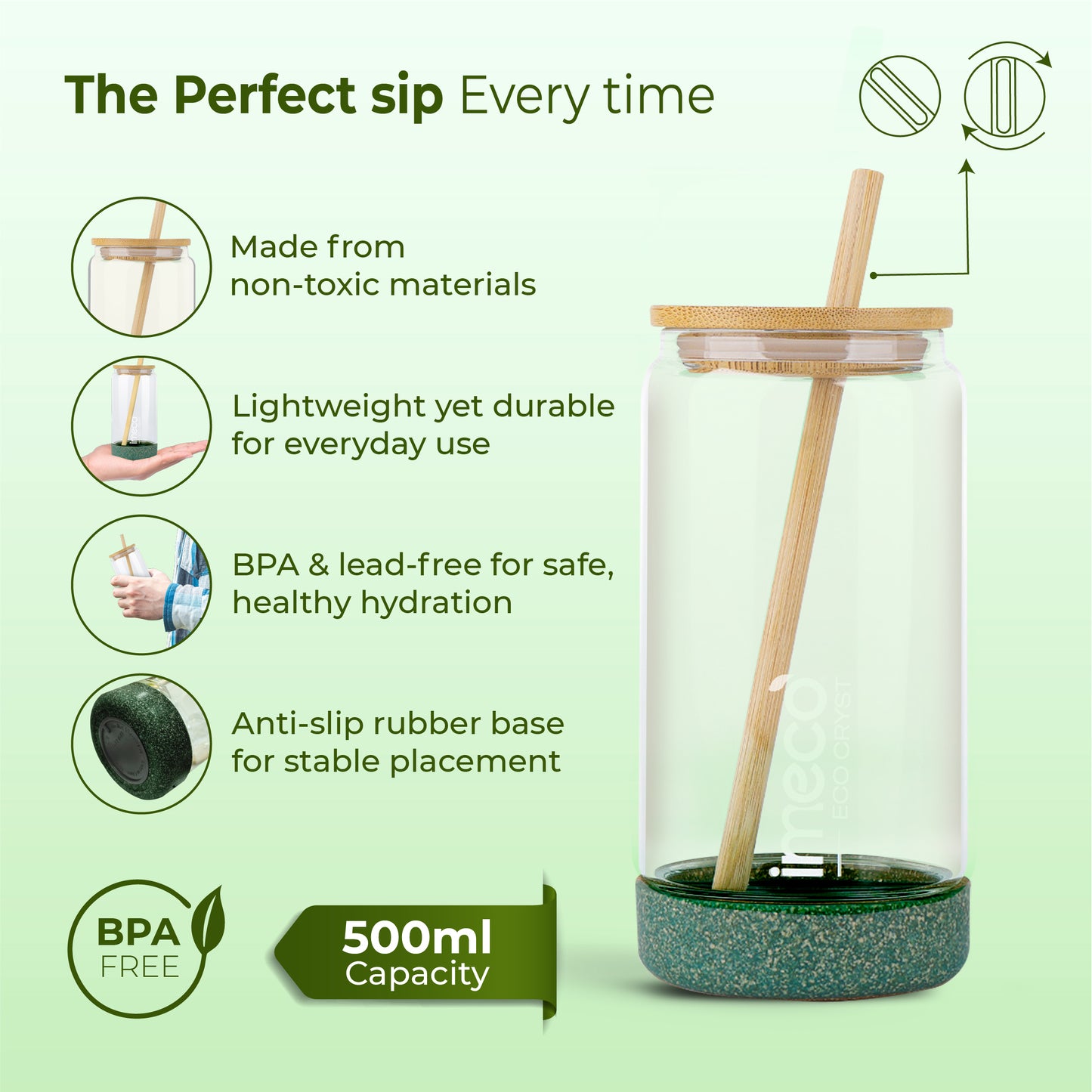 ECO CRYST Glass Sipper with Bamboo Lid & Straw (500 ml)