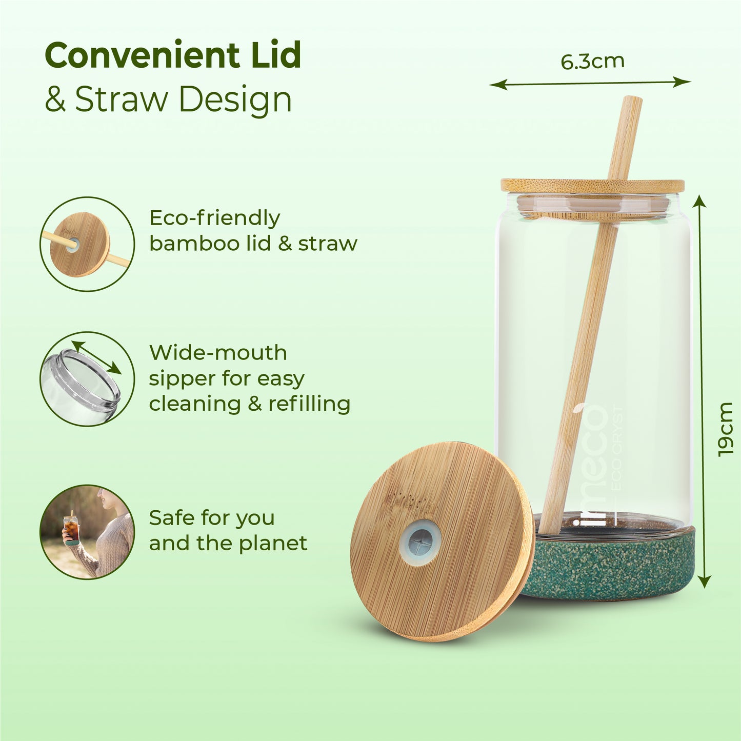 ECO CRYST Glass Sipper with Bamboo Lid & Straw (500 ml)