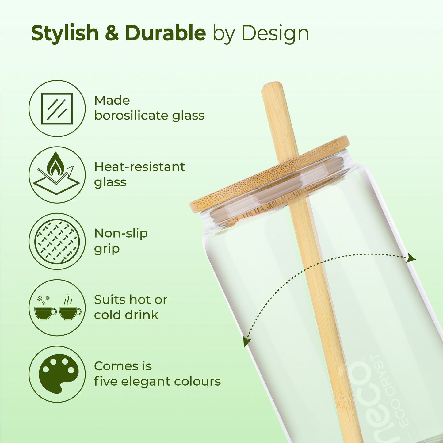ECO CRYST Glass Sipper with Bamboo Lid & Straw (500 ml)
