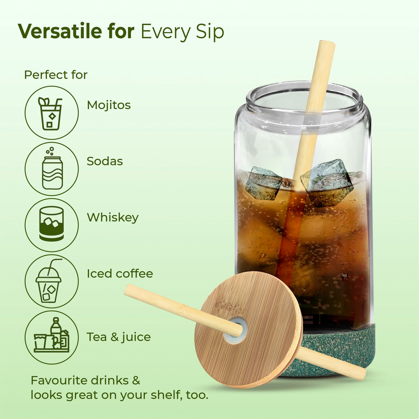 ECO CRYST Glass Sipper with Bamboo Lid & Straw (500 ml)