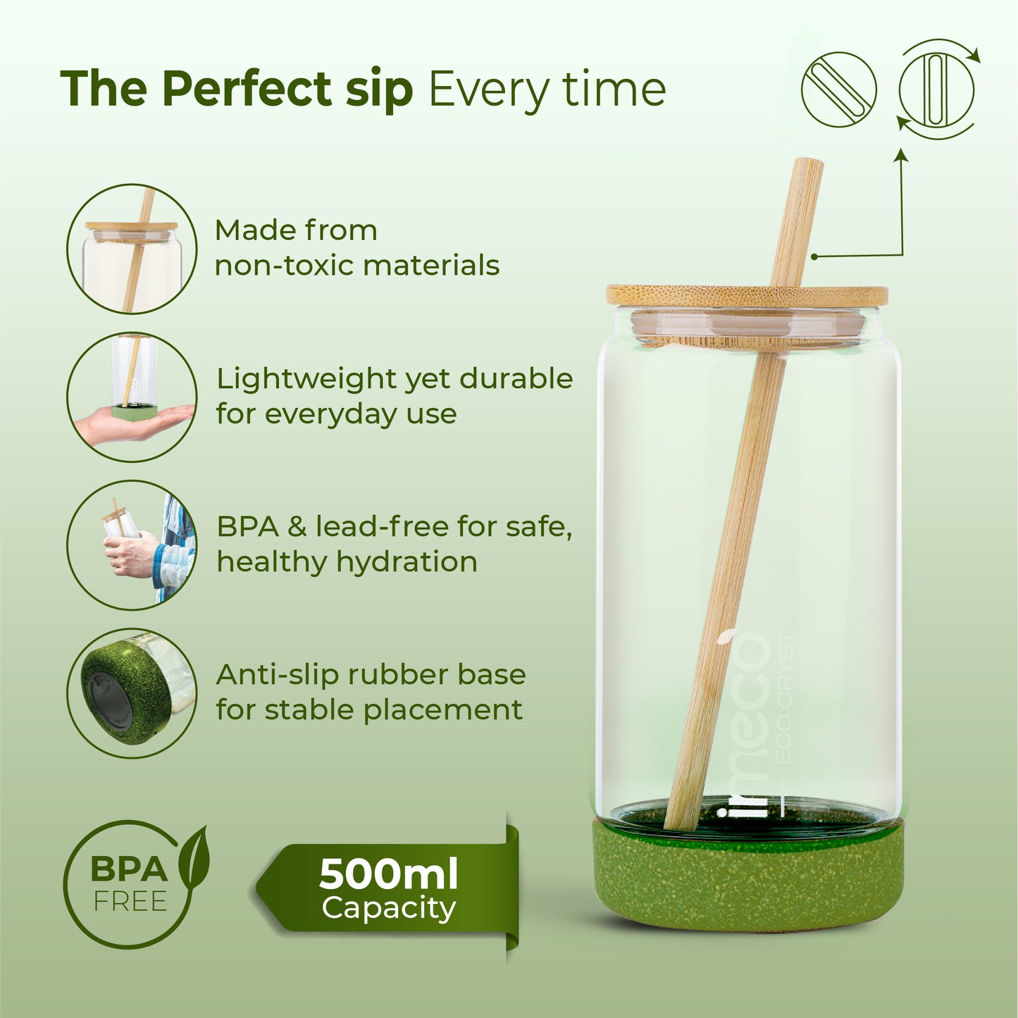 ECO CRYST Glass Sipper with Bamboo Lid & Straw (500 ml)