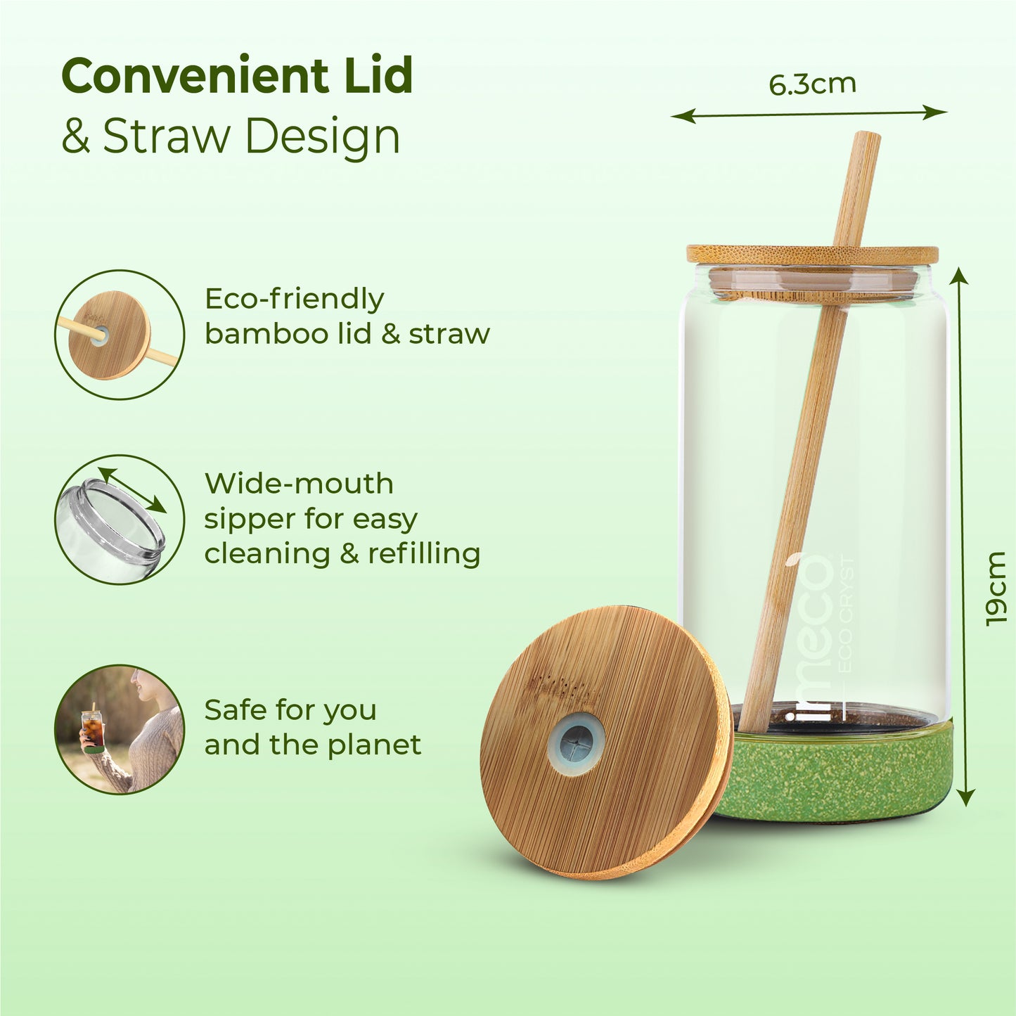 ECO CRYST Glass Sipper with Bamboo Lid & Straw (500 ml)