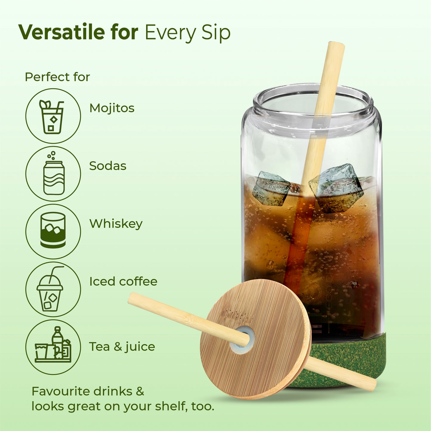 ECO CRYST Glass Sipper with Bamboo Lid & Straw (500 ml)