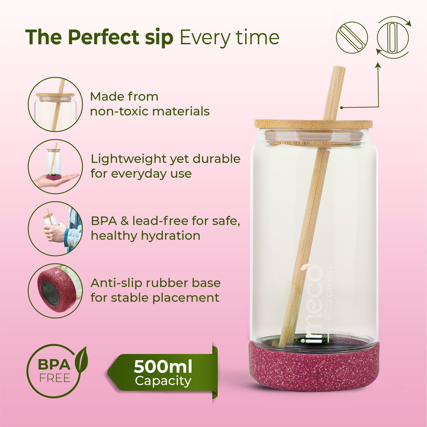 ECO CRYST Glass Sipper with Bamboo Lid & Straw (500 ml)