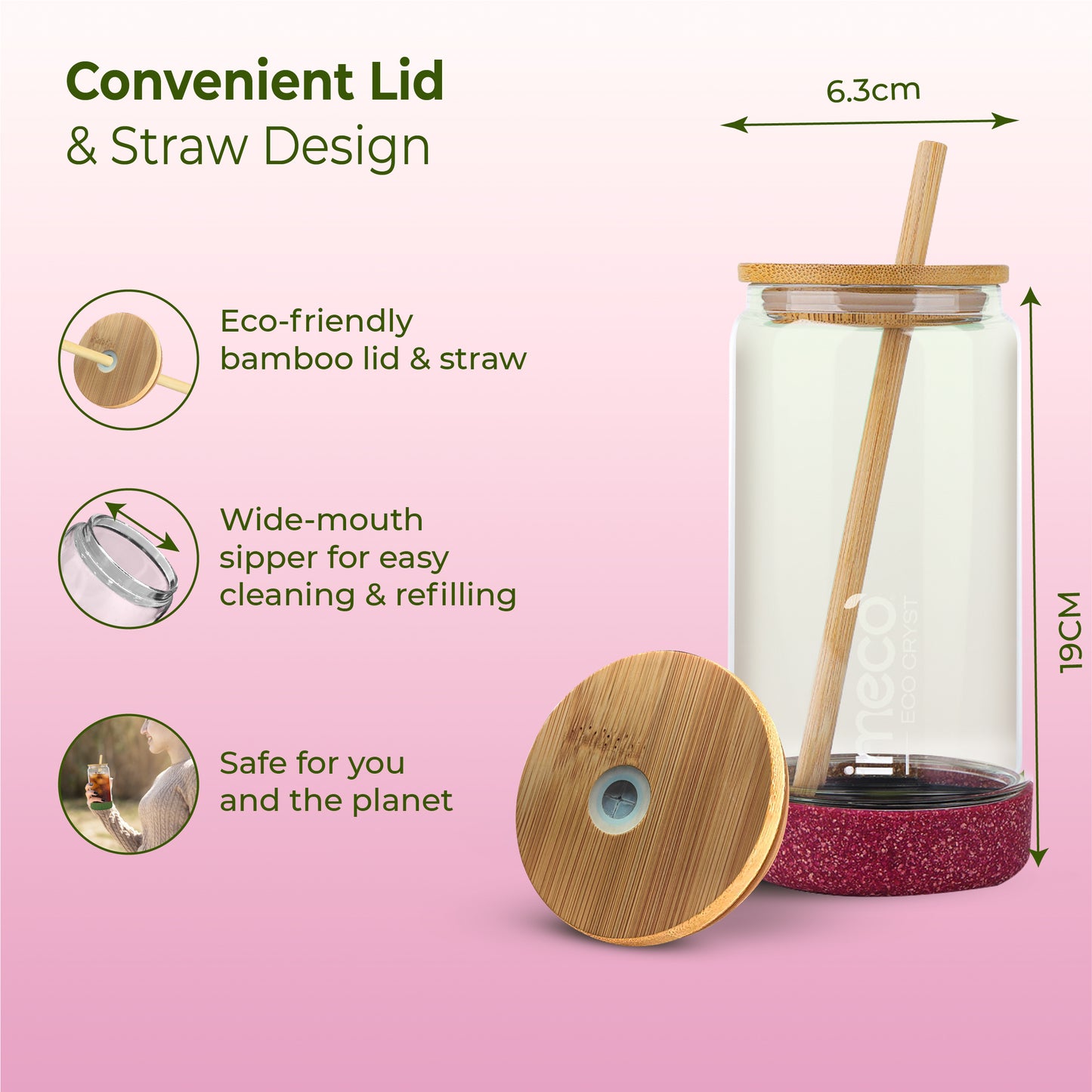 ECO CRYST Glass Sipper with Bamboo Lid & Straw (500 ml)