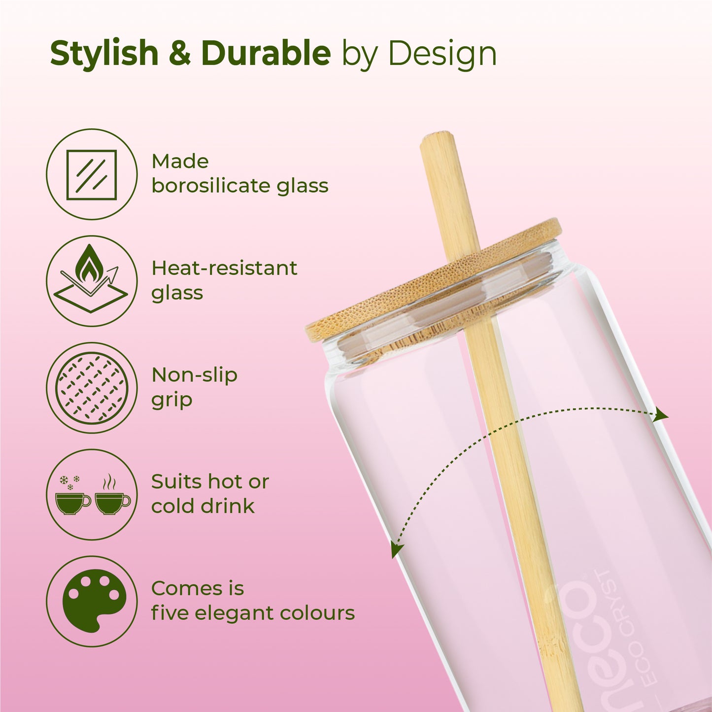 ECO CRYST Glass Sipper with Bamboo Lid & Straw (500 ml)