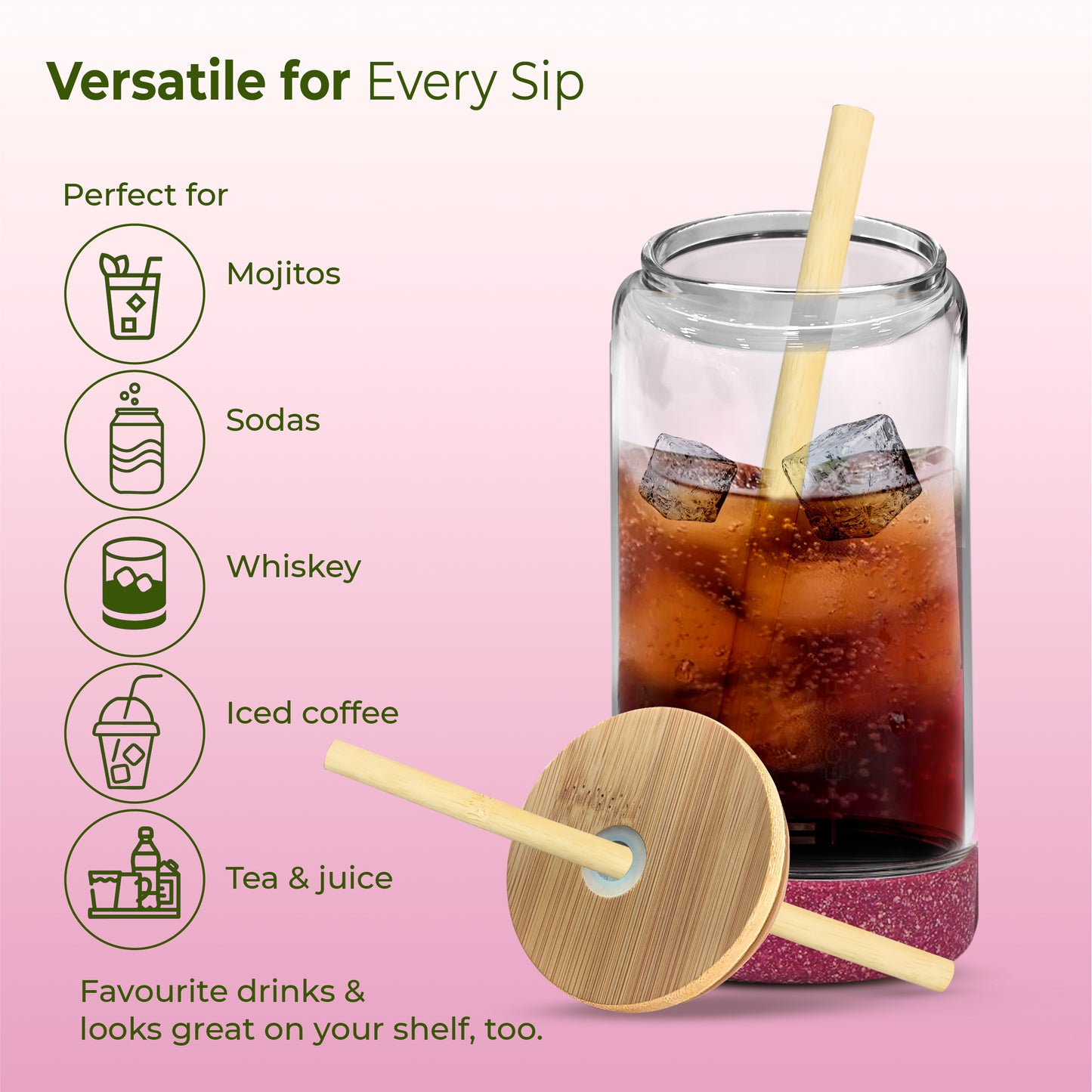 ECO CRYST Glass Sipper with Bamboo Lid & Straw (500 ml)