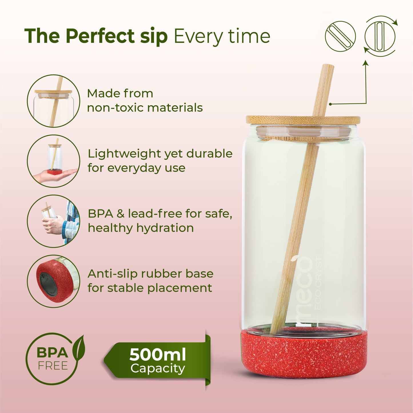 ECO CRYST Glass Sipper with Bamboo Lid & Straw (500 ml)