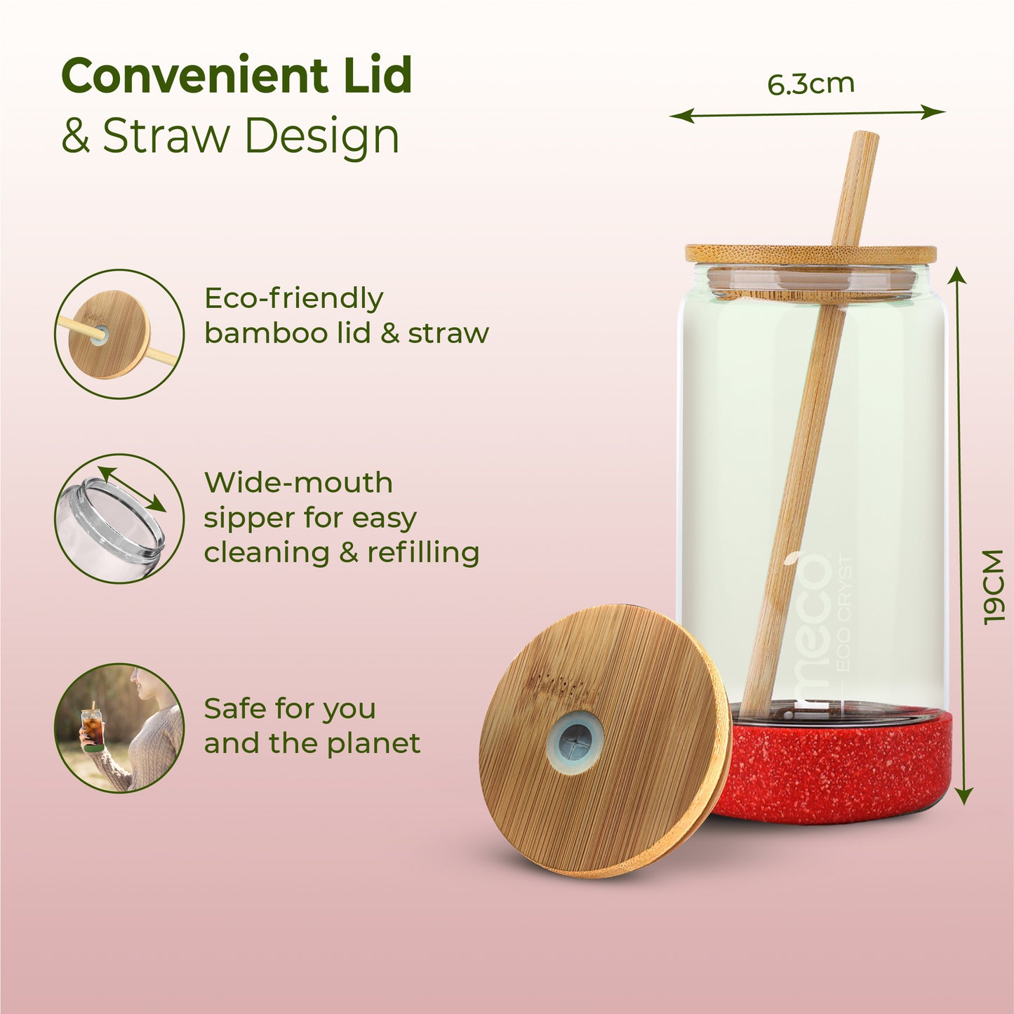 ECO CRYST Glass Sipper with Bamboo Lid & Straw (500 ml)