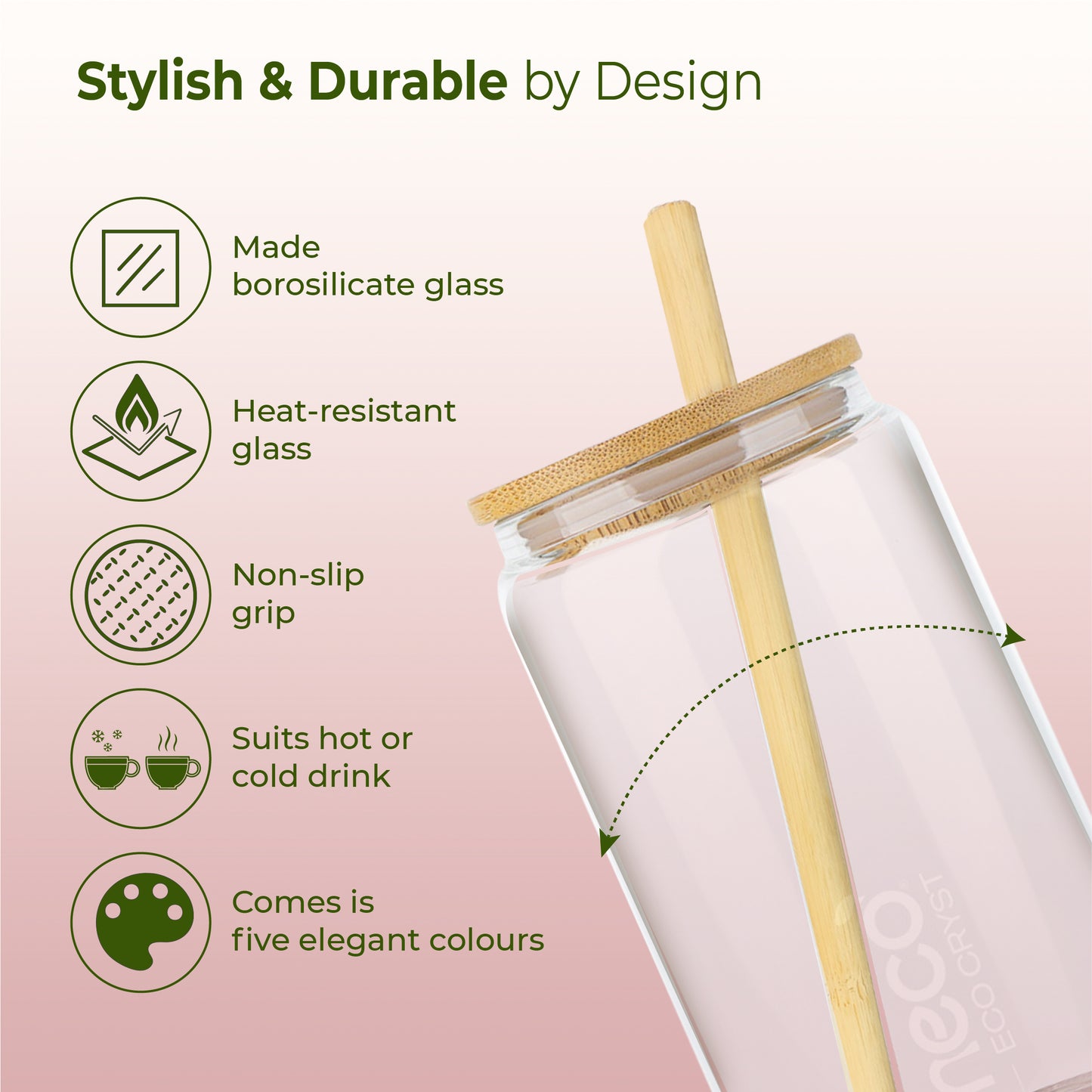 ECO CRYST Glass Sipper with Bamboo Lid & Straw (500 ml)