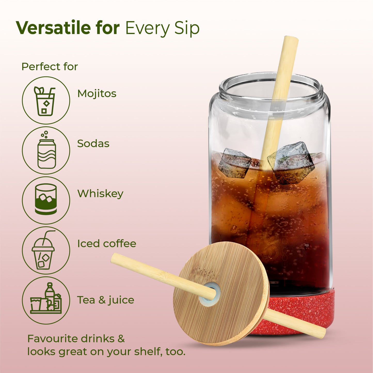 ECO CRYST Glass Sipper with Bamboo Lid & Straw (500 ml)