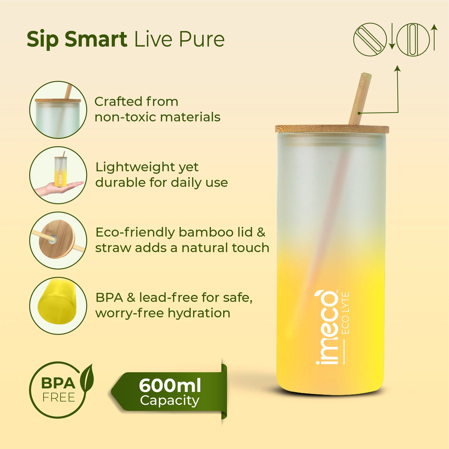 ECO LYTE Glass Sipper with Bamboo Lid & Straw - Gradient Glass (600 ml)