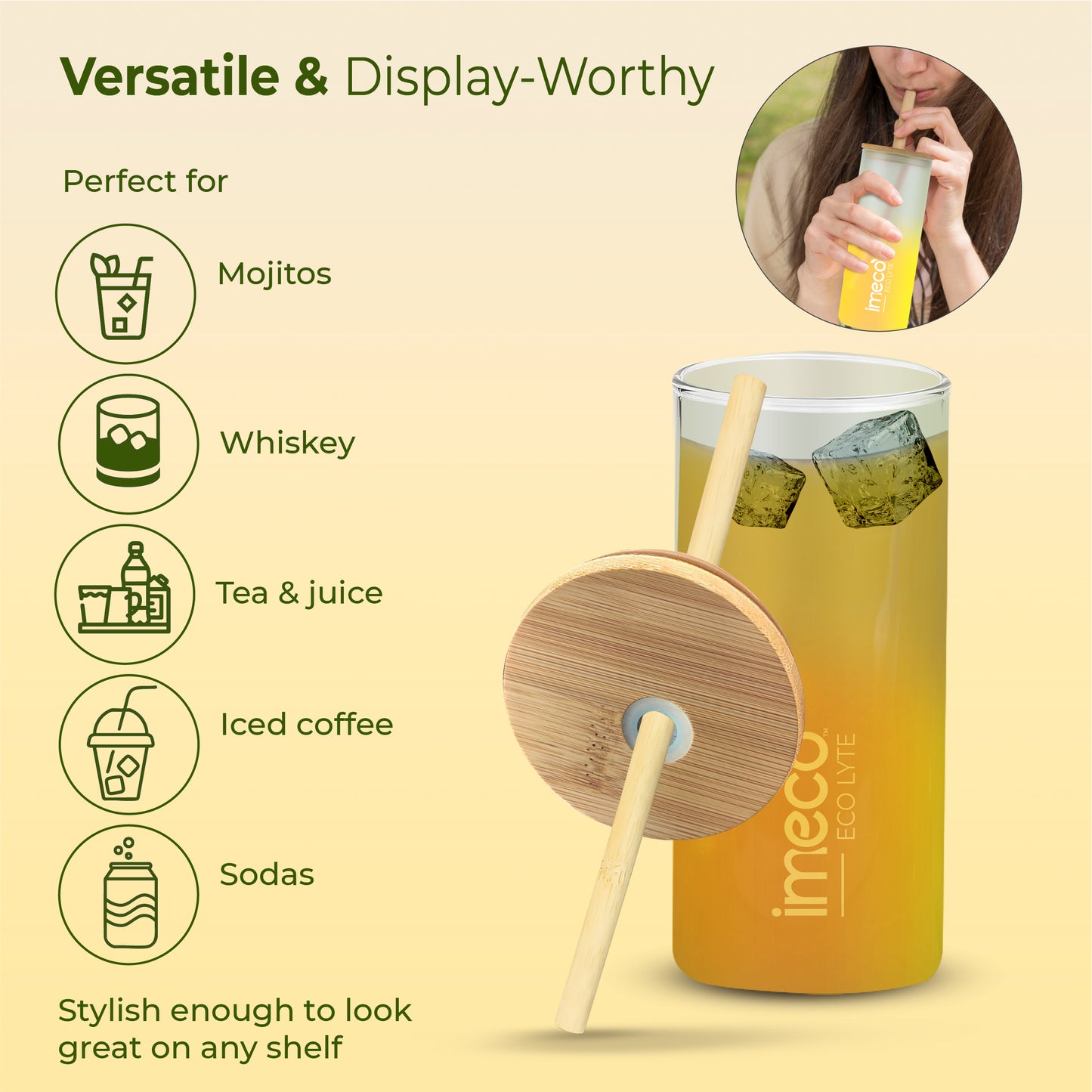 ECO LYTE Glass Sipper with Bamboo Lid & Straw - Gradient Glass (600 ml)