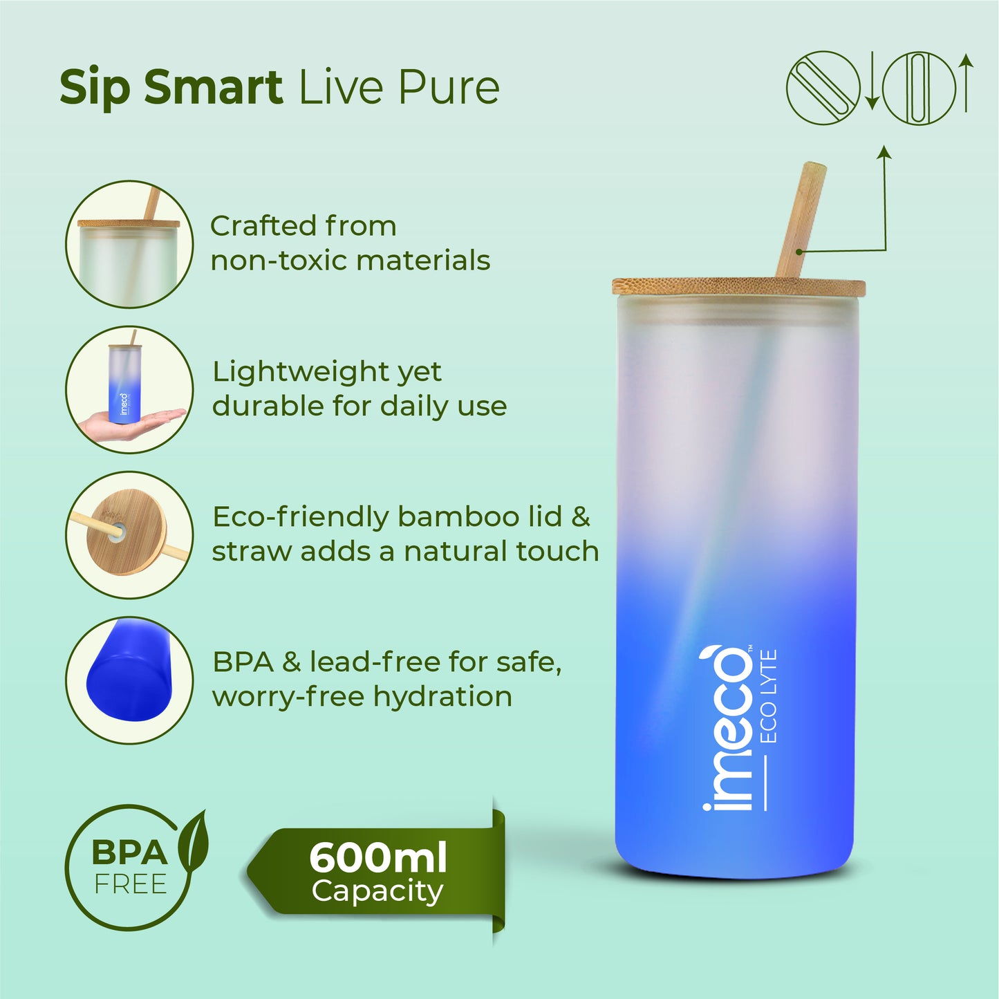 ECO LYTE Glass Sipper with Bamboo Lid & Straw - Gradient Glass (600 ml)