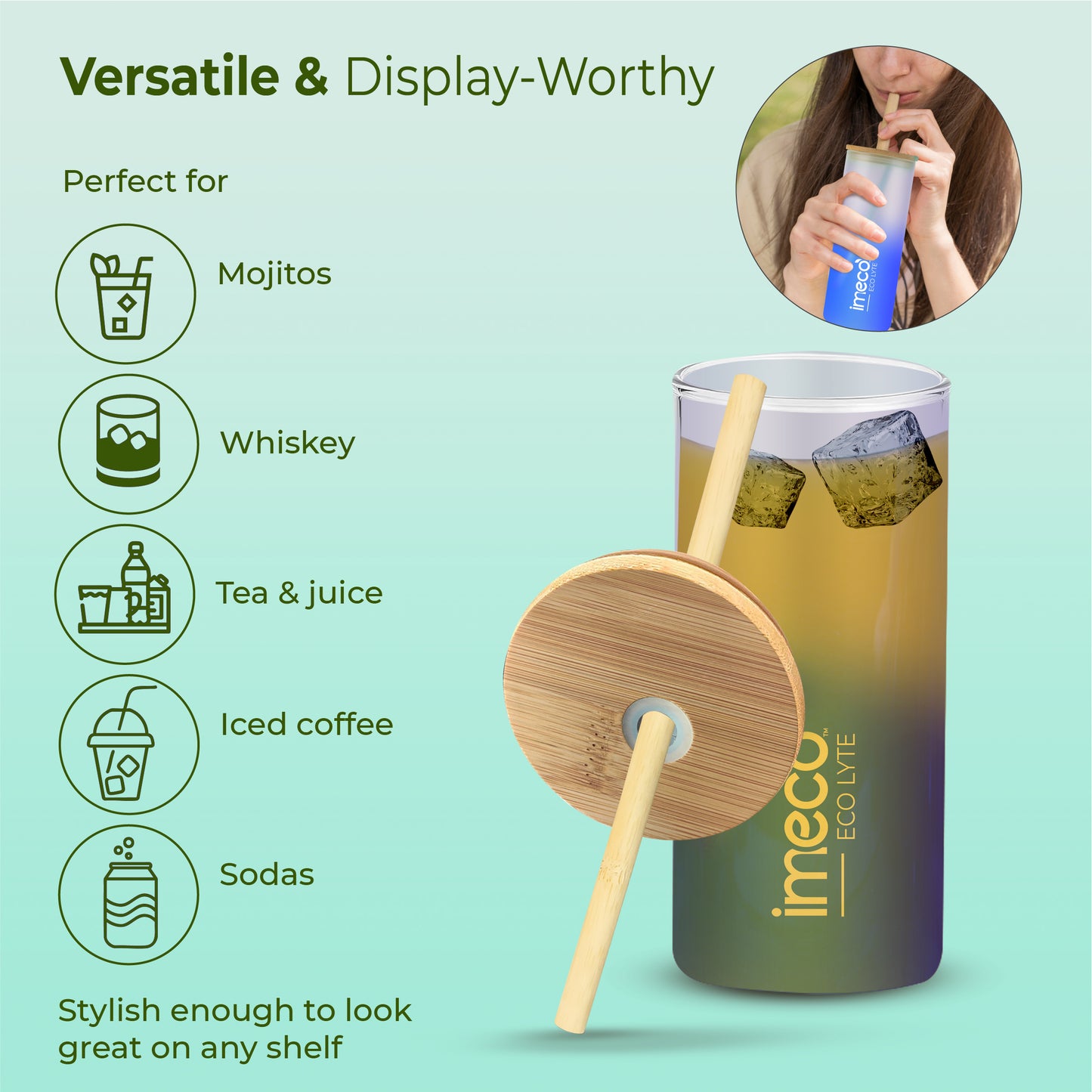 ECO LYTE Glass Sipper with Bamboo Lid & Straw - Gradient Glass (600 ml)