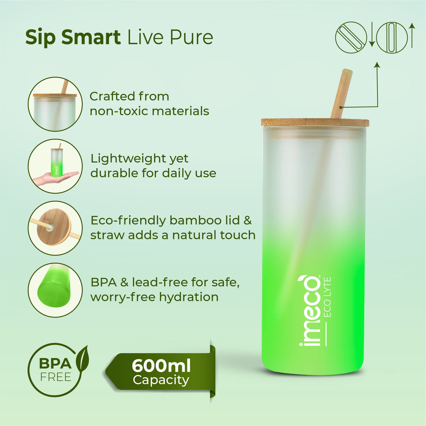 ECO LYTE Glass Sipper with Bamboo Lid & Straw - Gradient Glass (600 ml)