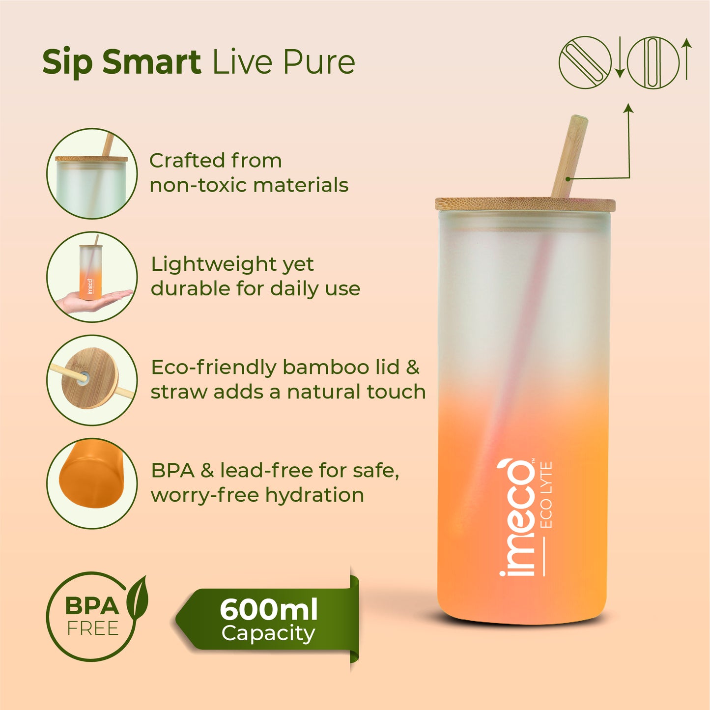 ECO LYTE Glass Sipper with Bamboo Lid & Straw - Gradient Glass (600 ml)