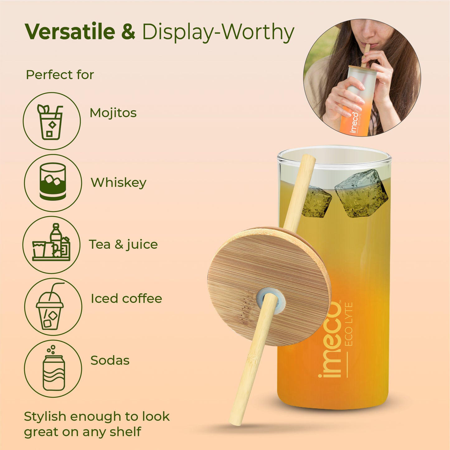 ECO LYTE Glass Sipper with Bamboo Lid & Straw - Gradient Glass (600 ml)