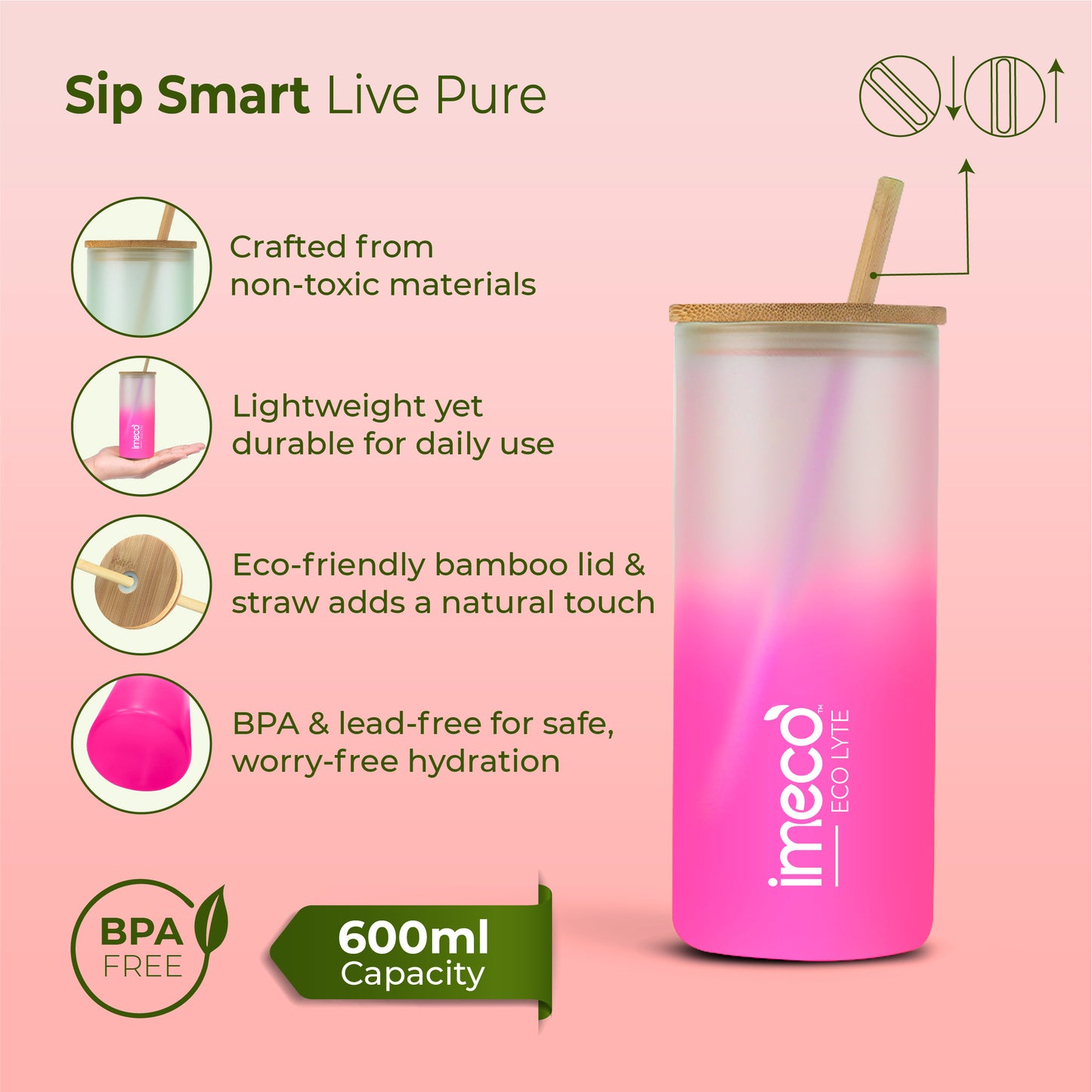 ECO LYTE Glass Sipper with Bamboo Lid & Straw - Gradient Glass (600 ml)