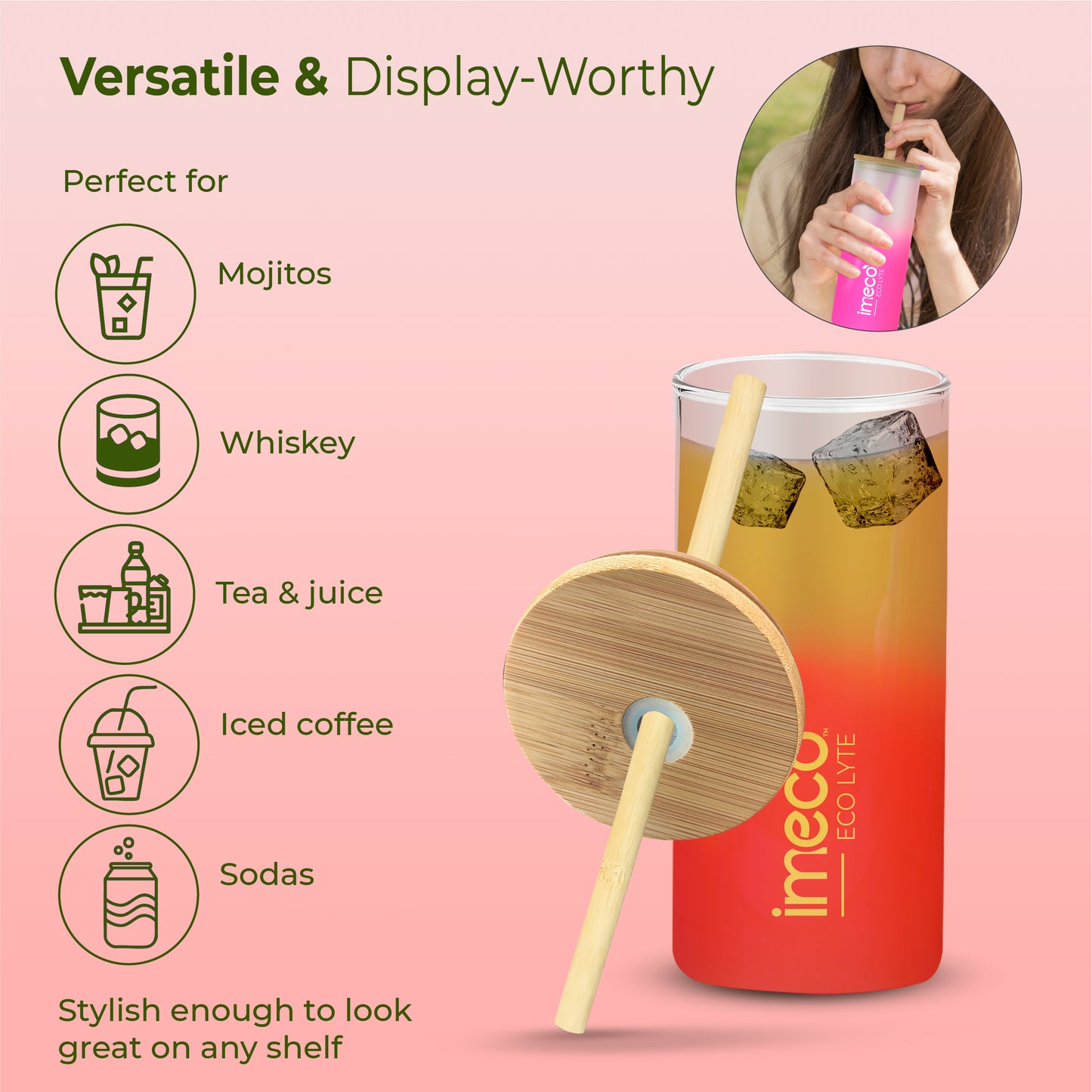 ECO LYTE Glass Sipper with Bamboo Lid & Straw - Gradient Glass (600 ml)