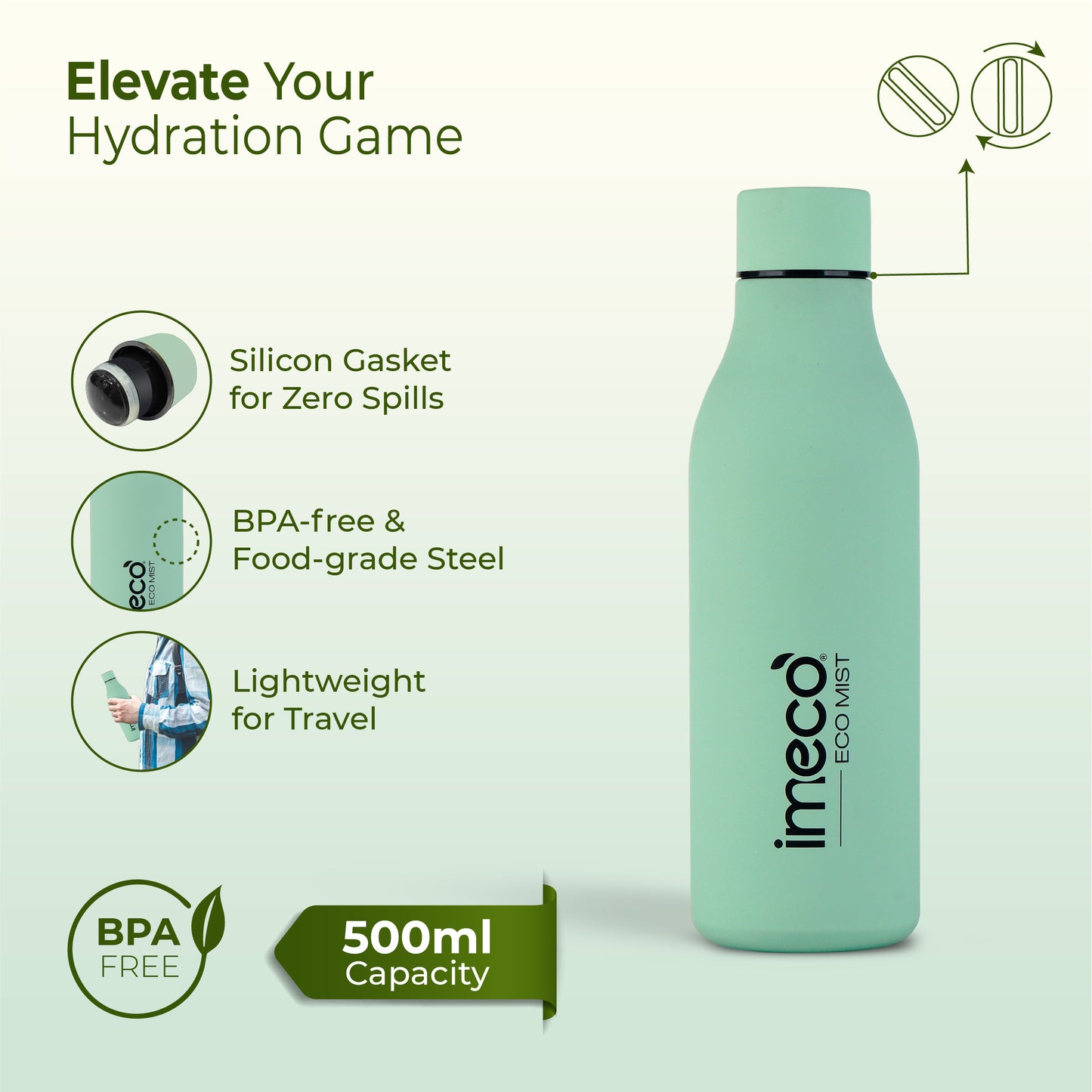 ECO MIST Stainless Steel Pastel Water Bottle - Leakproof & Lightweight (500 ml)