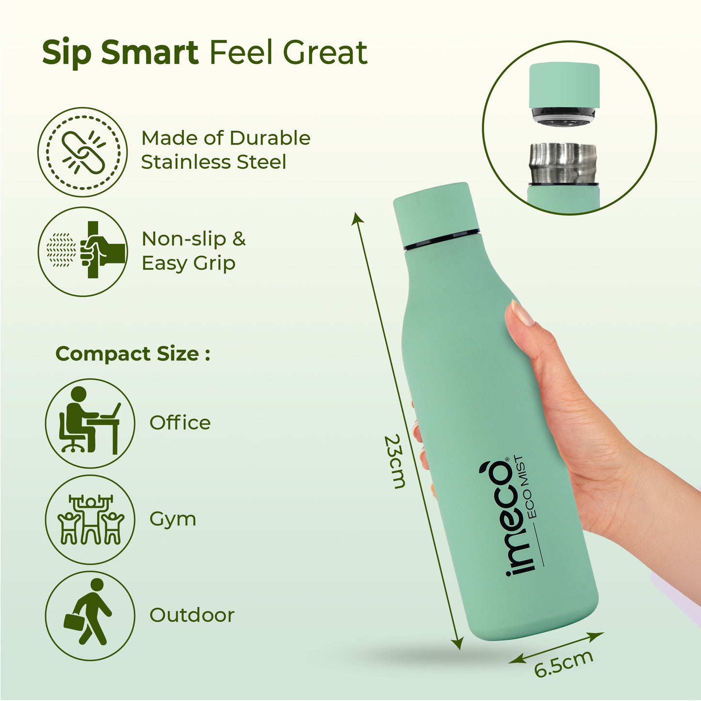ECO MIST Stainless Steel Pastel Water Bottle - Leakproof & Lightweight (500 ml)