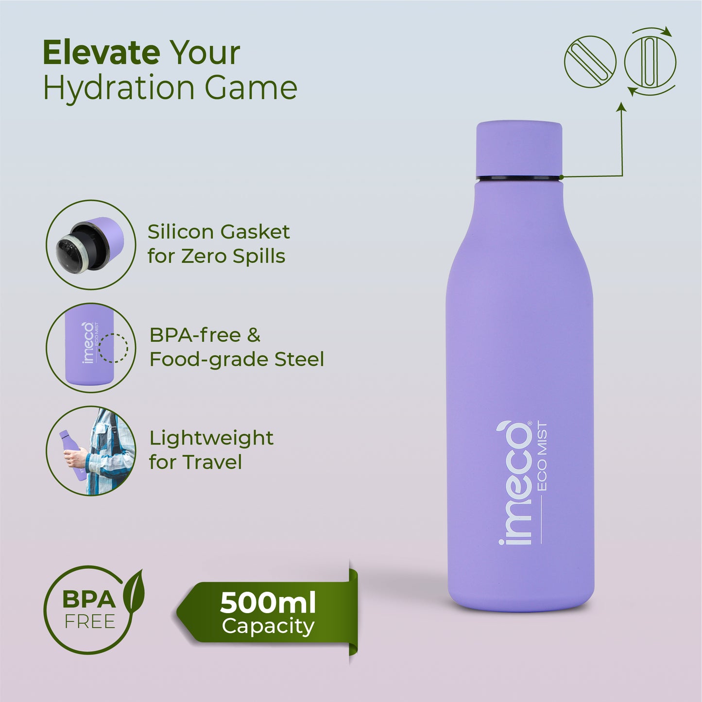 ECO MIST Stainless Steel Pastel Water Bottle - Leakproof & Lightweight (500 ml)