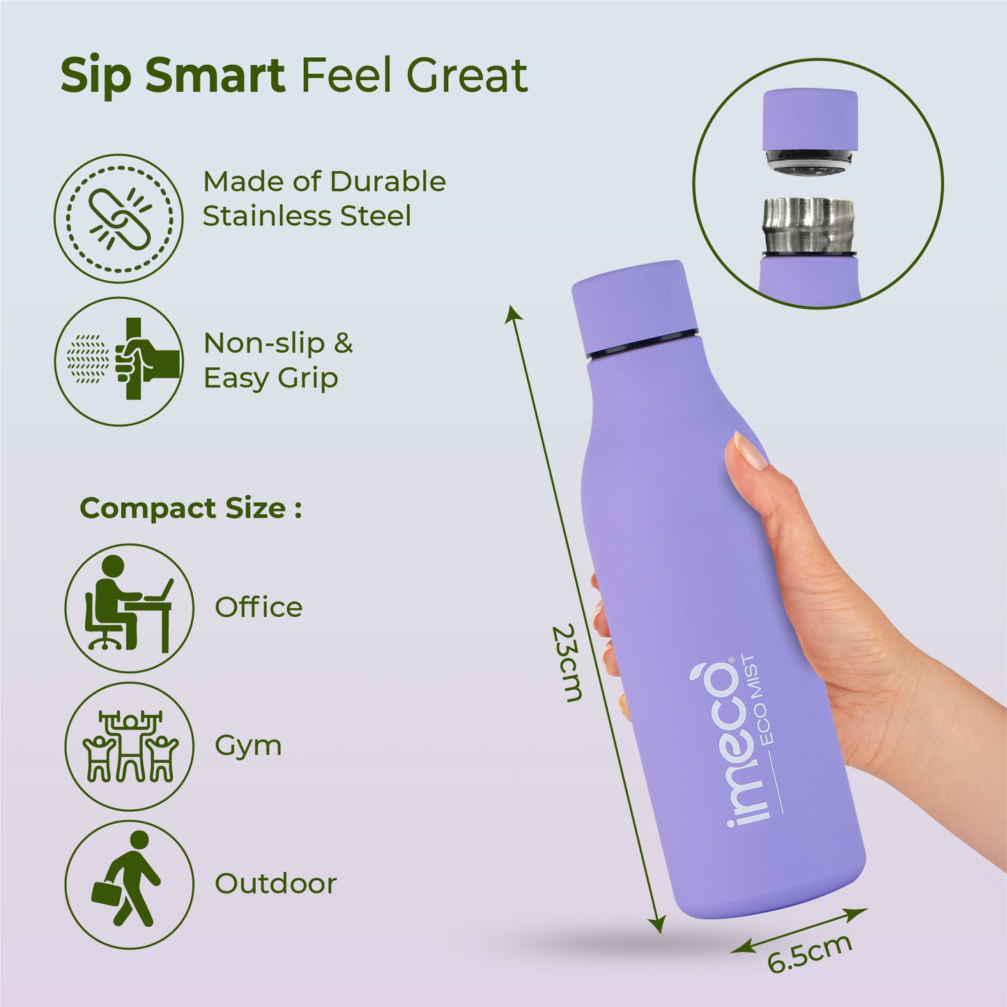 ECO MIST Stainless Steel Pastel Water Bottle - Leakproof & Lightweight (500 ml)