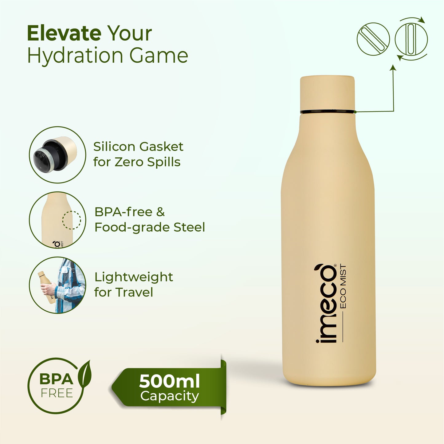ECO MIST Stainless Steel Pastel Water Bottle - Leakproof & Lightweight (500 ml)