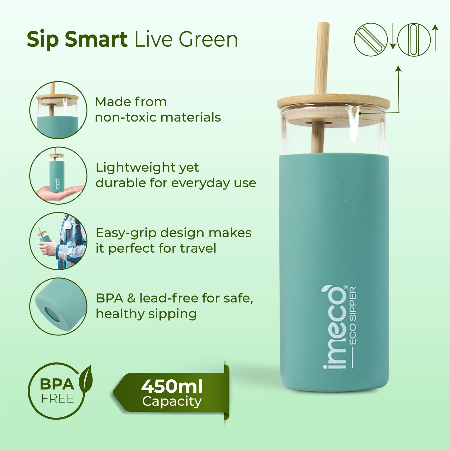 ECO-SIPPER Glass Sipper with Bamboo Straw (450 ml)