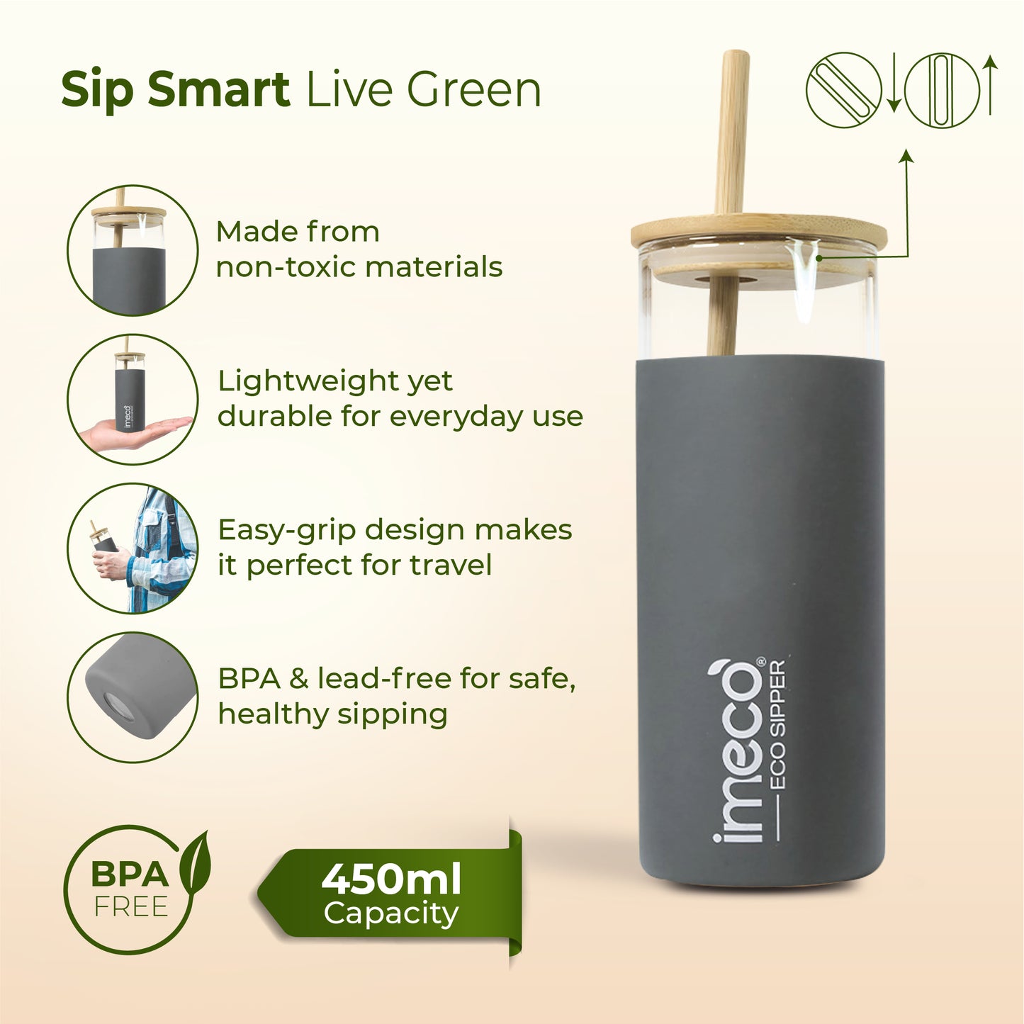 ECO-SIPPER Glass Sipper with Bamboo Straw (450 ml)